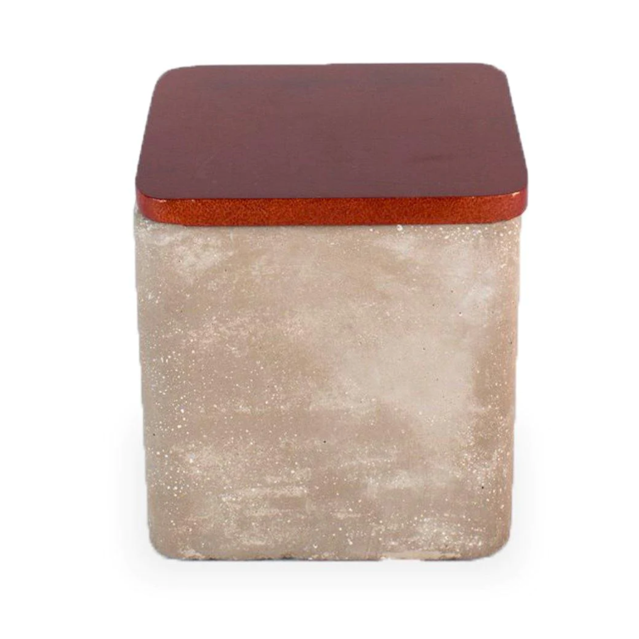 Stone cement square storage box with bamboo lid, rustic and industrial design, ideal for kitchen or bathroom organization, available in two sizes.