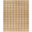 Aestone tile pattern wool rug with distressed brown and tan hues, hand-knotted 100% wool, low 1/2" pile, vintage-inspired design.