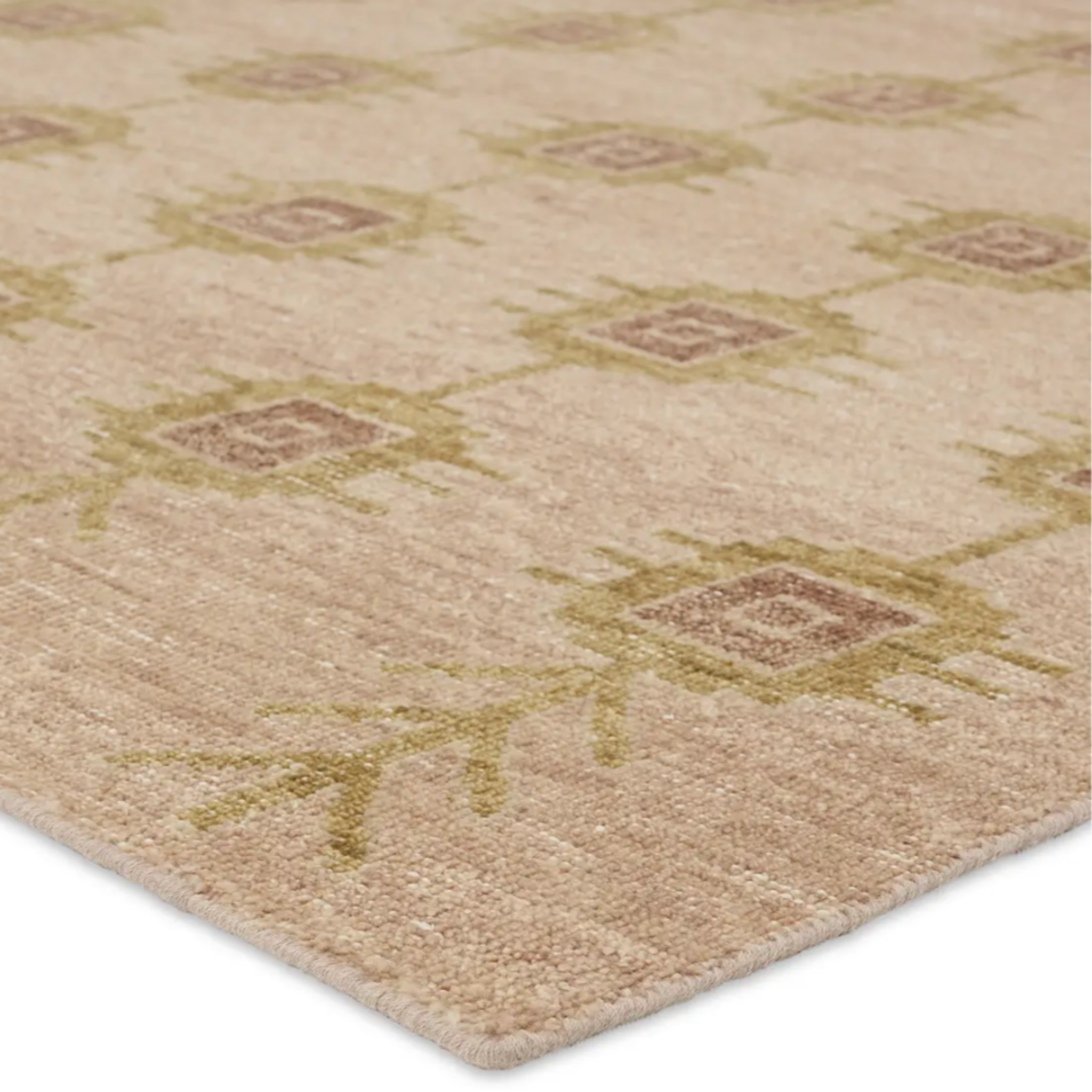 Aestone tile pattern wool rug with distressed brown and tan hues, hand-knotted 100% wool, low 1/2" pile, vintage-inspired design.