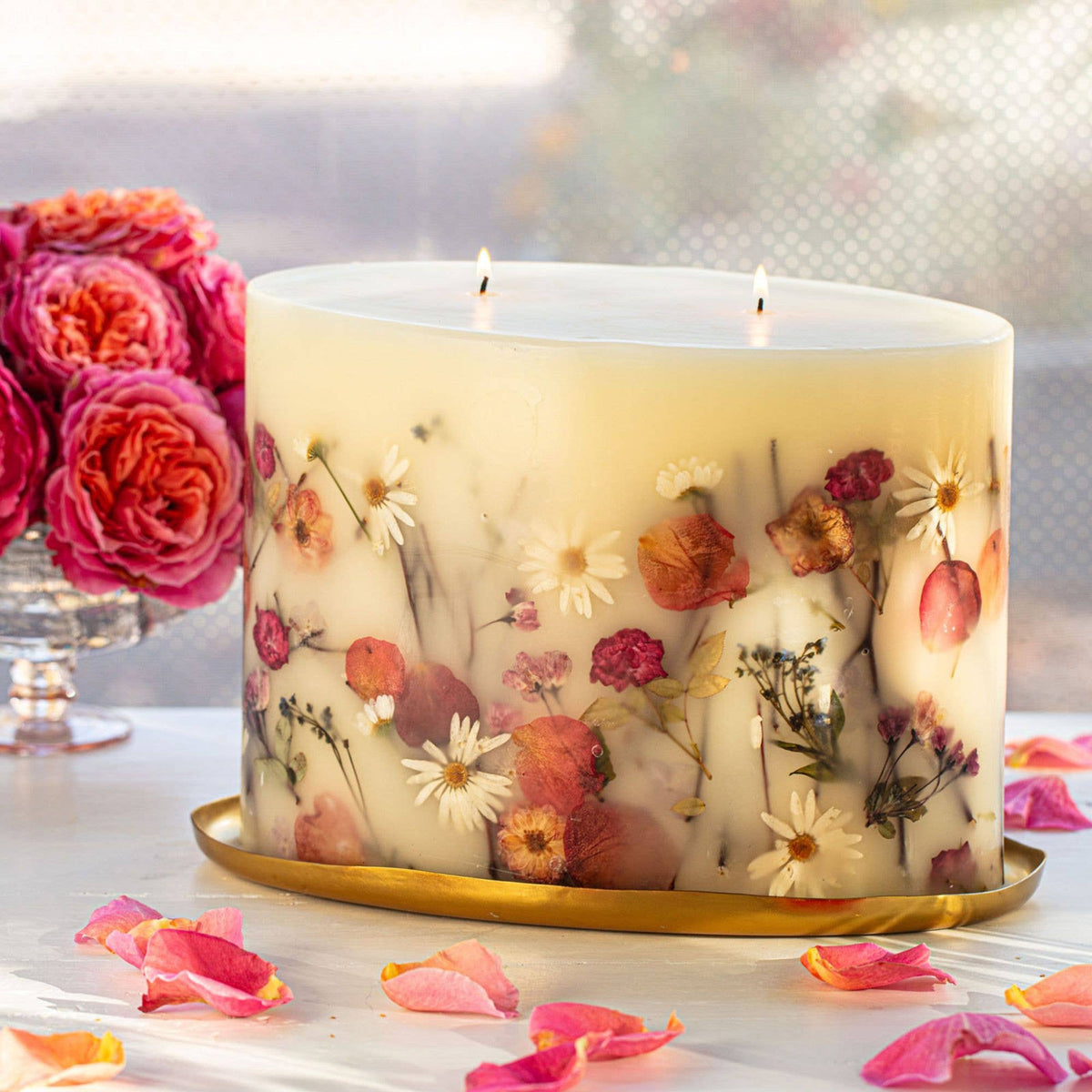 Apricot Rose Oval Botanical Candle large floral rosy rings.