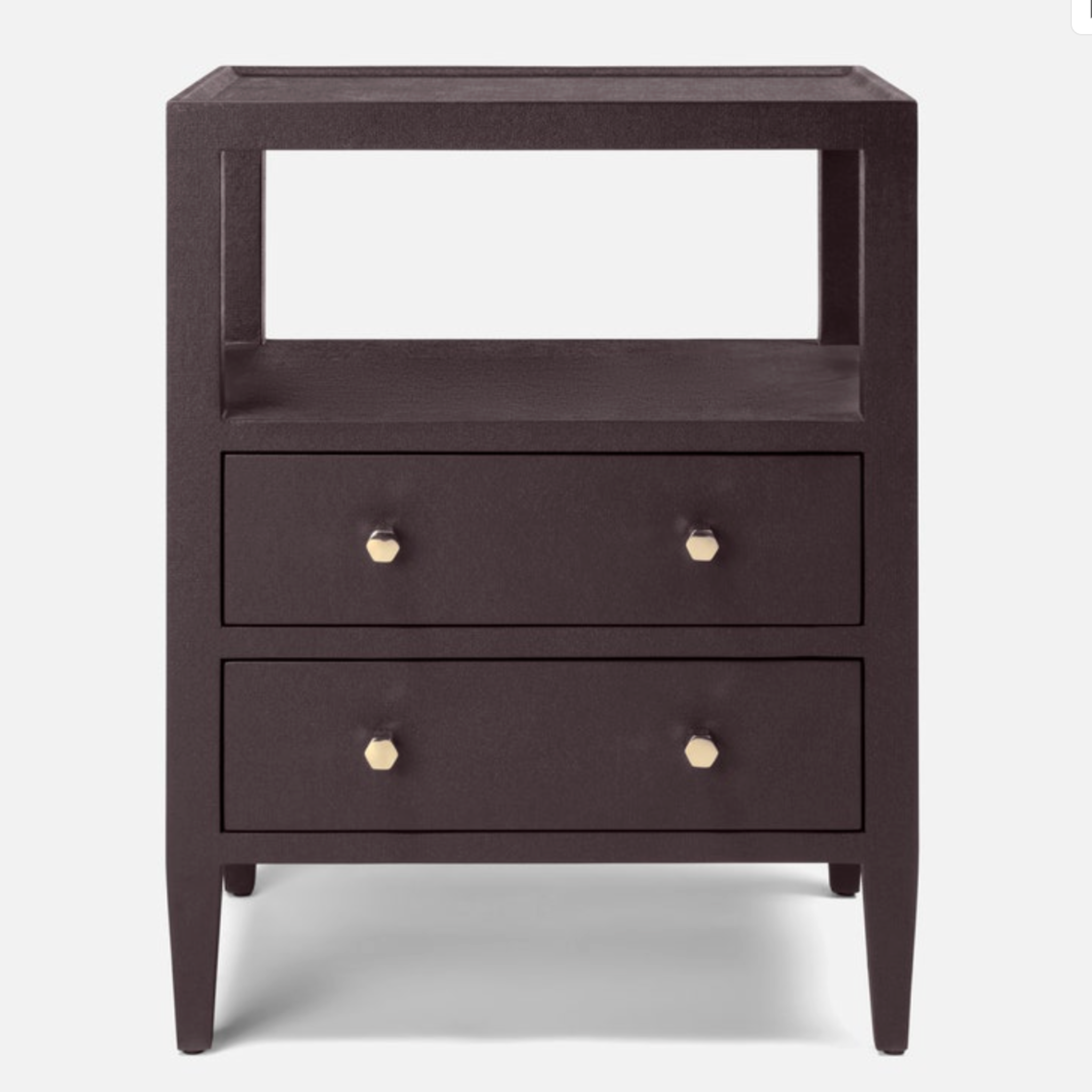 two drawer aubergine faux raffia nightstand.