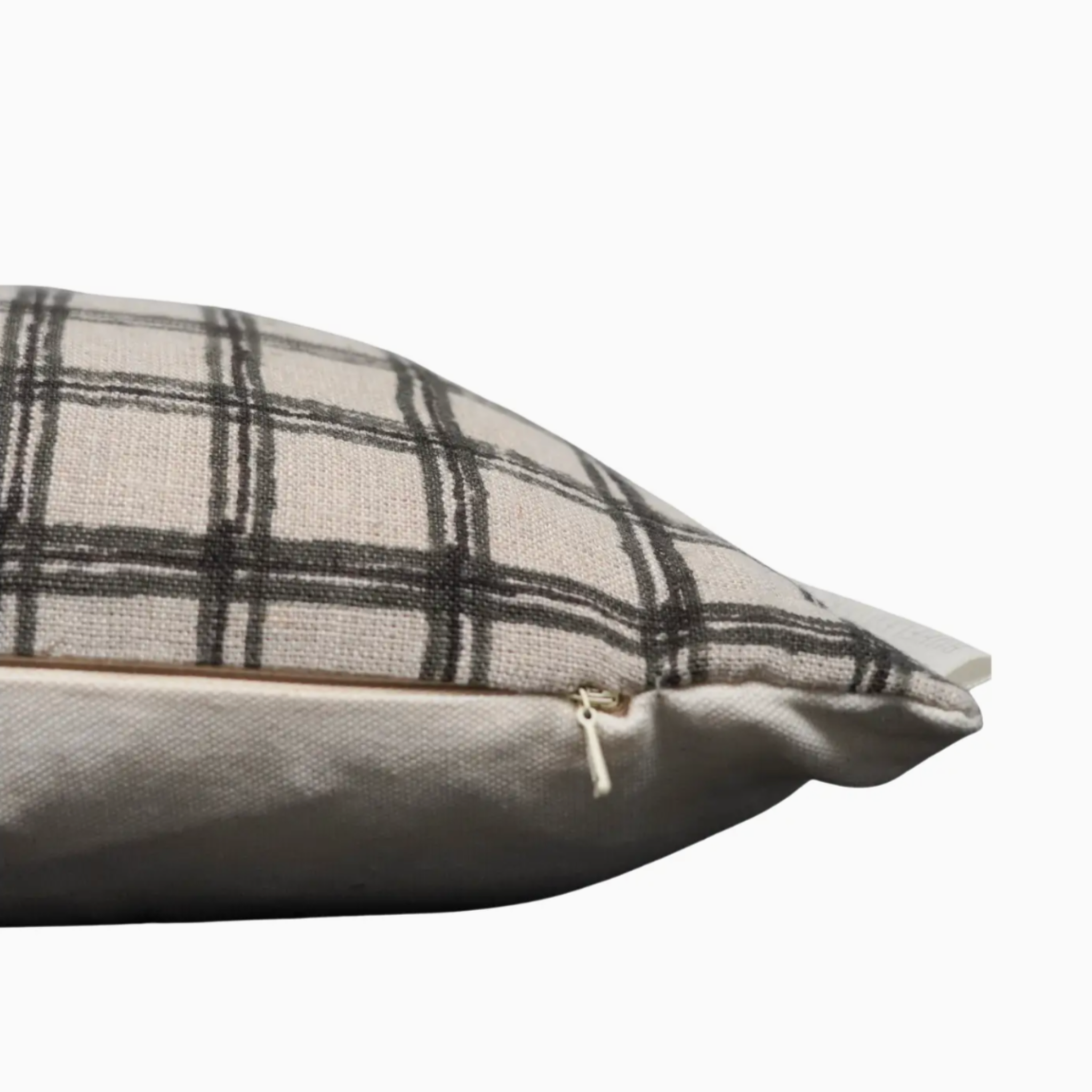 Bawo Indian hand block lumbar pillow with artisan linen front, unique pattern, oatmeal canvas back, hidden zipper, and feather-down fill.