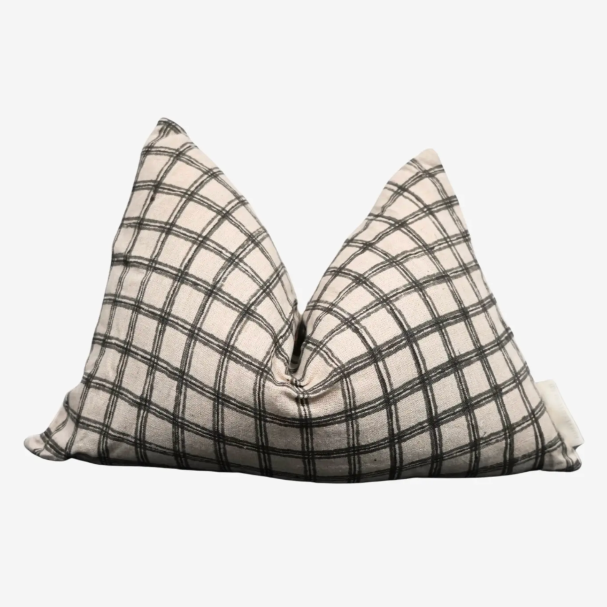 Bawo Indian hand block lumbar pillow with artisan linen front, unique pattern, oatmeal canvas back, hidden zipper, and feather-down fill.