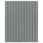 Blue gray stripe rug with flatwoven 100% PET yarns, handwoven in India, featuring thin and thick slate and ivory stripes, low 1/3" pile.