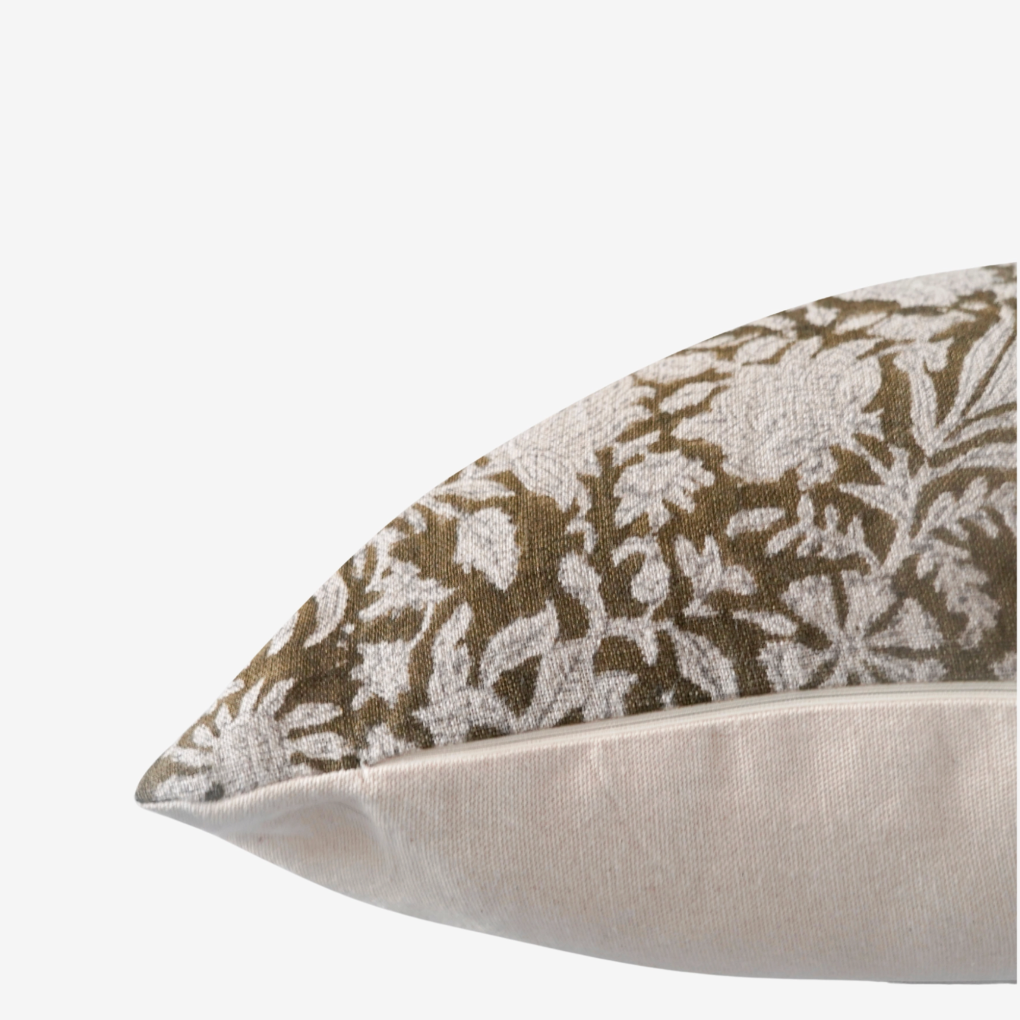 Chimere Indian hand-block linen pillow with artisan pattern, oatmeal canvas back, hidden zipper, and feather-down fill for casual elegance.