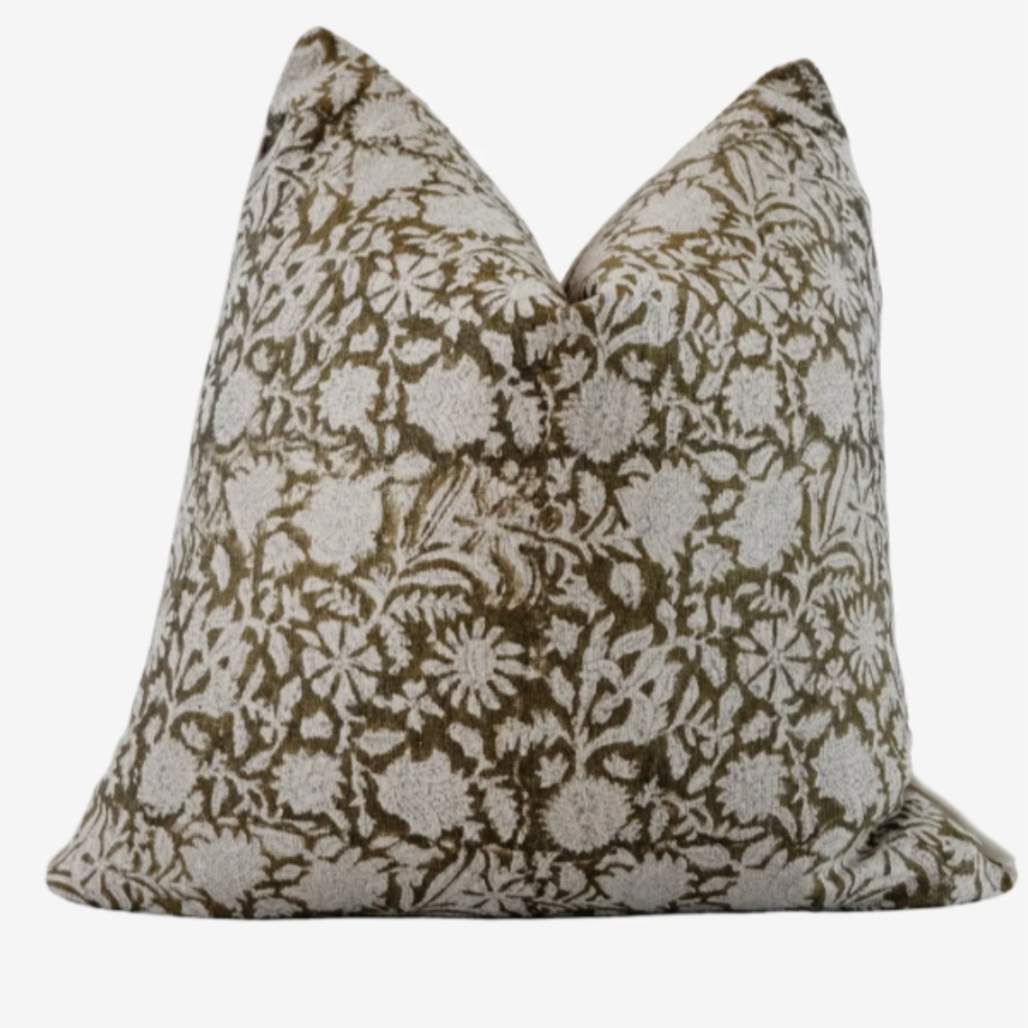 Chimere Indian hand-block linen pillow with artisan pattern, oatmeal canvas back, hidden zipper, and feather-down fill for casual elegance.