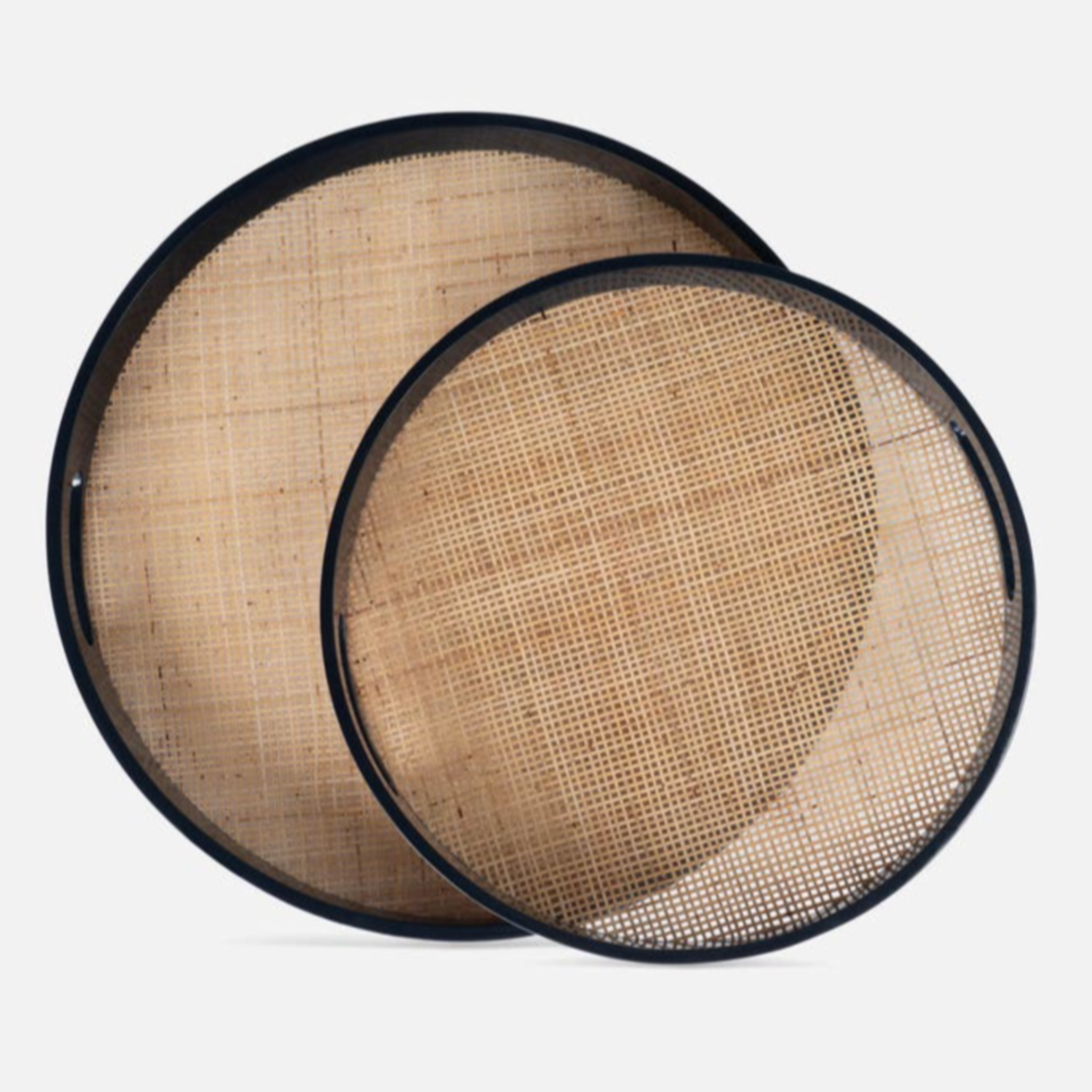 Elijah round tray set featuring two resin-encased cane rattan trays with glossy navy-varnished wood edges, elegant and sturdy for versatile use.