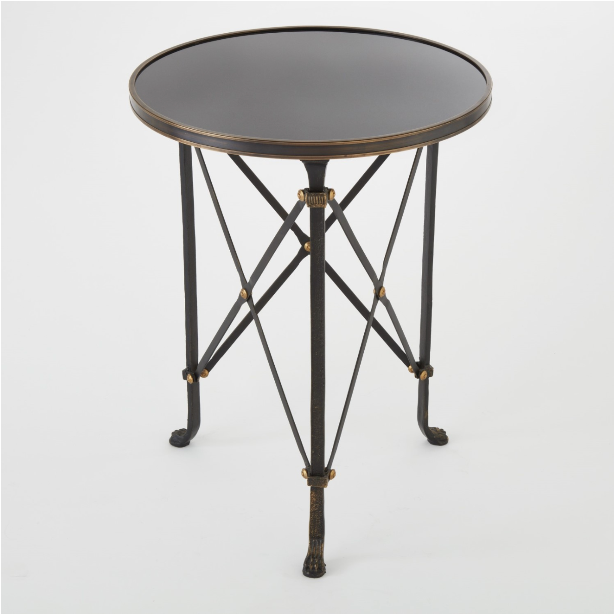 polished black granite accent table with cast iron base and brass accents.