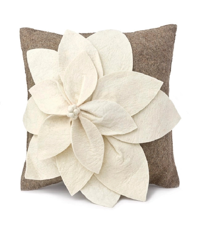 hand felted wool pillow flower in cream on gray 20 inches.