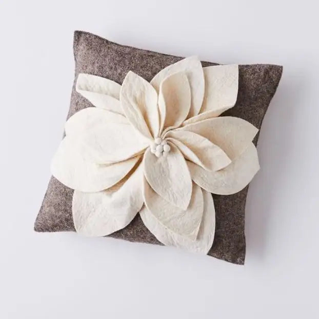 hand felted wool pillow flower in cream on gray 20 inches.