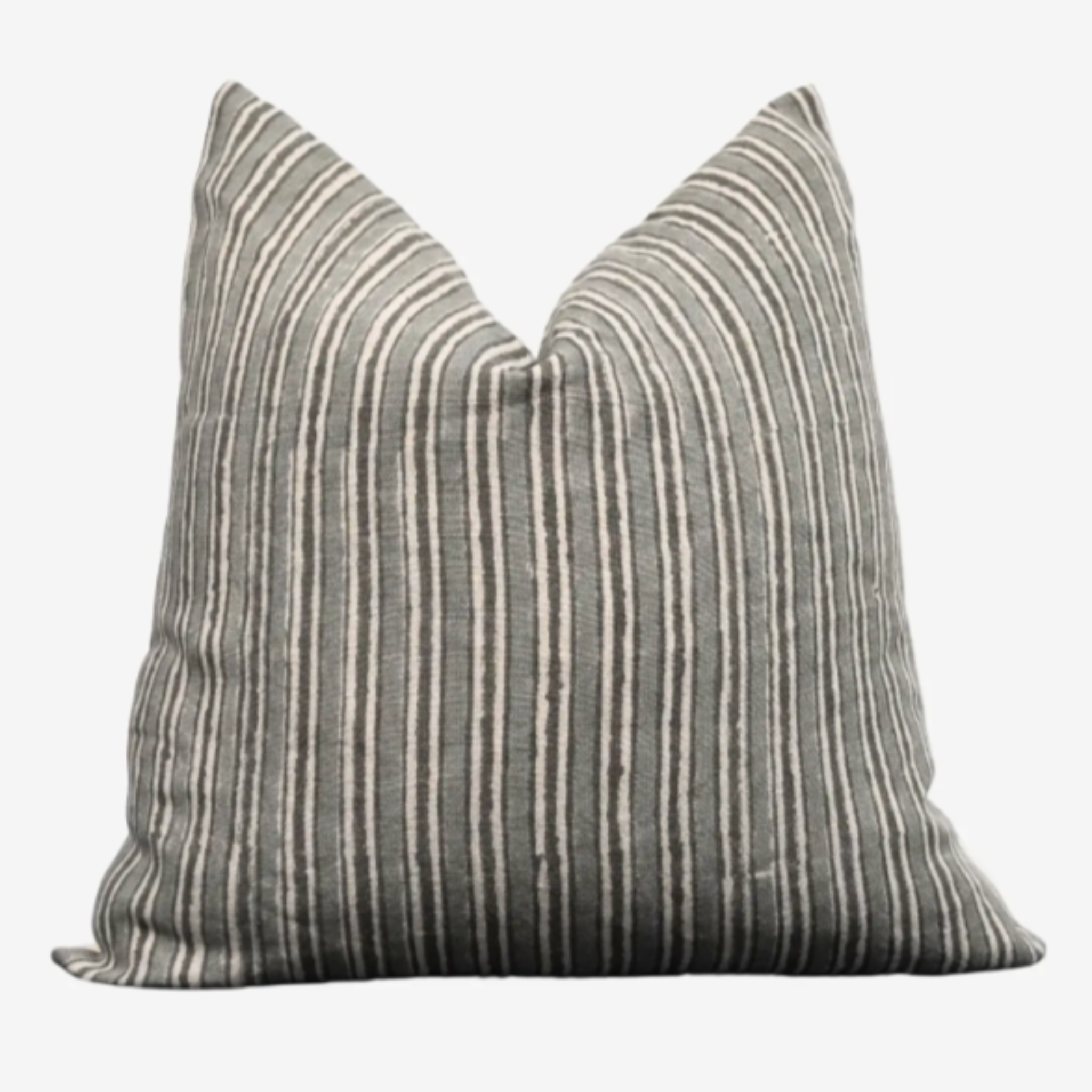 Ibilola Indian hand block linen pillow with distinctive artisan print, oatmeal canvas back, and hidden zipper; handcrafted and uniquely patterned.