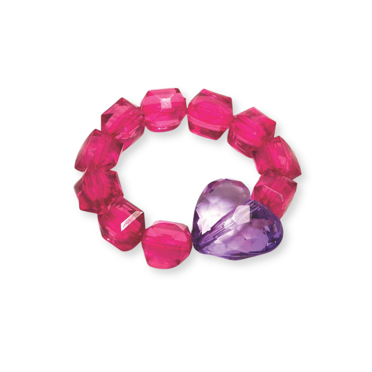 kids rock candy stretch bracelet with heart, hot pink and purple.
