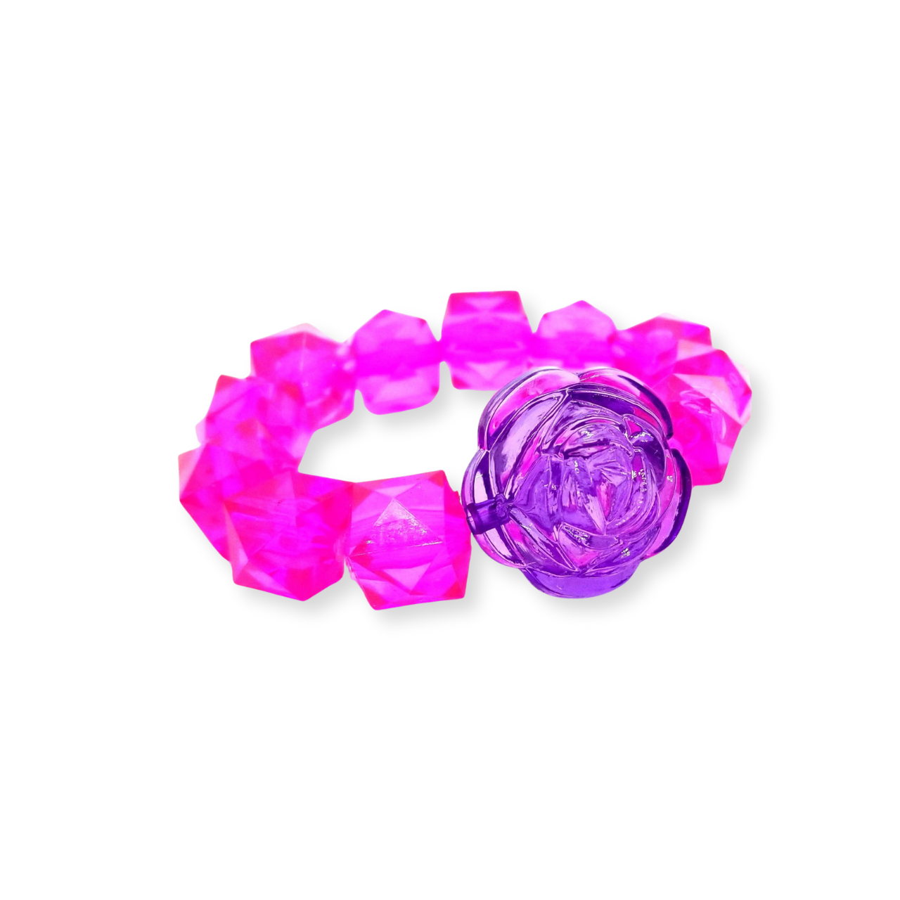 kids rock candy stretch bracelet with rose flower, hot pink and purple.