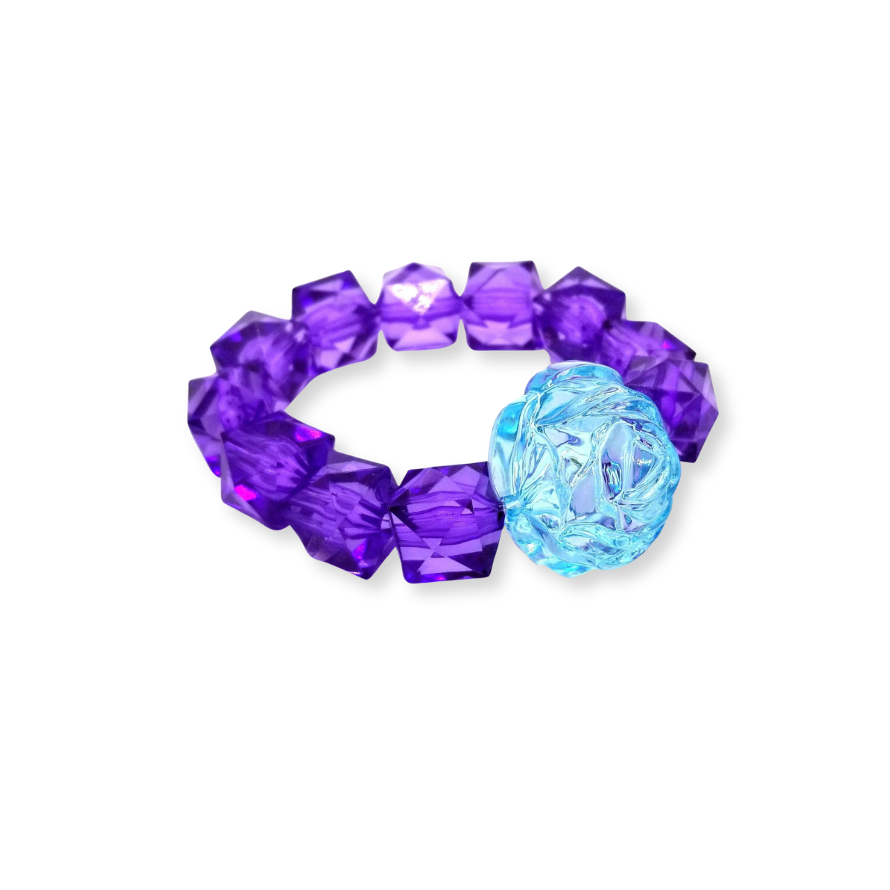 kids rock candy stretch bracelet with rose flower, purple and blue.