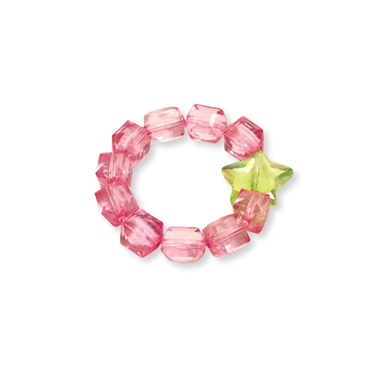 kids rock candy stretch bracelet with star bead, light pink and green.