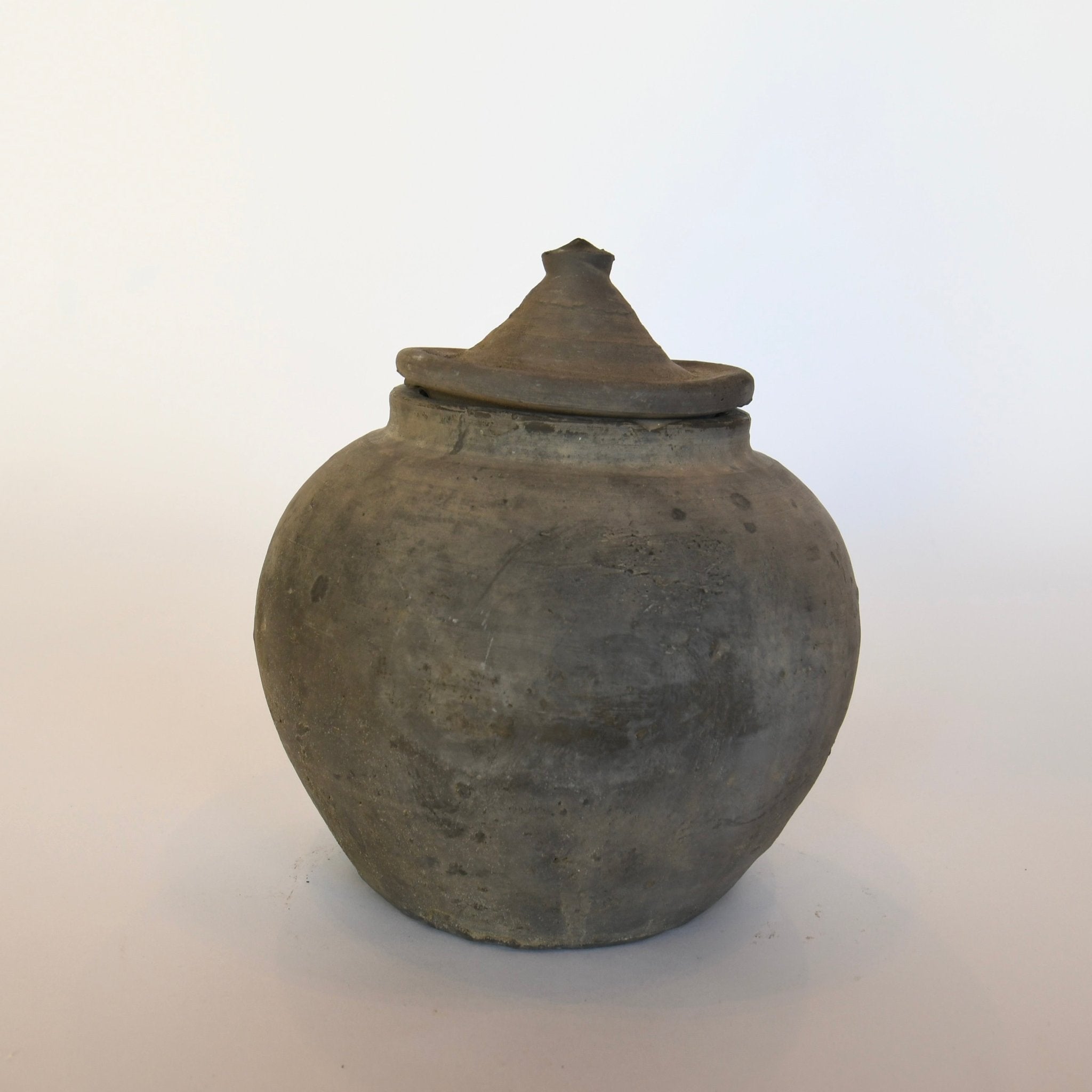 Lidded Village Jar in grey patinaed clay, 7-inch diameter by 9-inch height, rustic Chinese pottery style with removable lid for storage or décor.