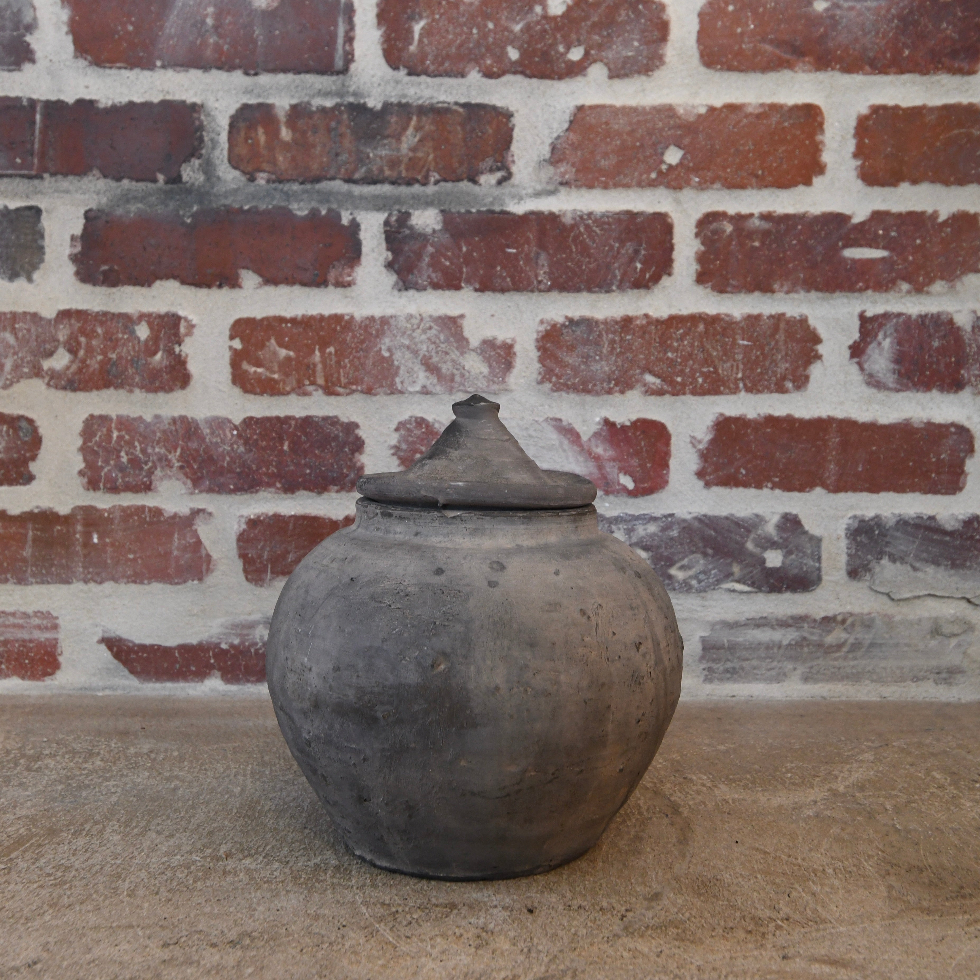 Lidded Village Jar in grey patinaed clay, 7-inch diameter by 9-inch height, rustic Chinese pottery style with removable lid for storage or décor.