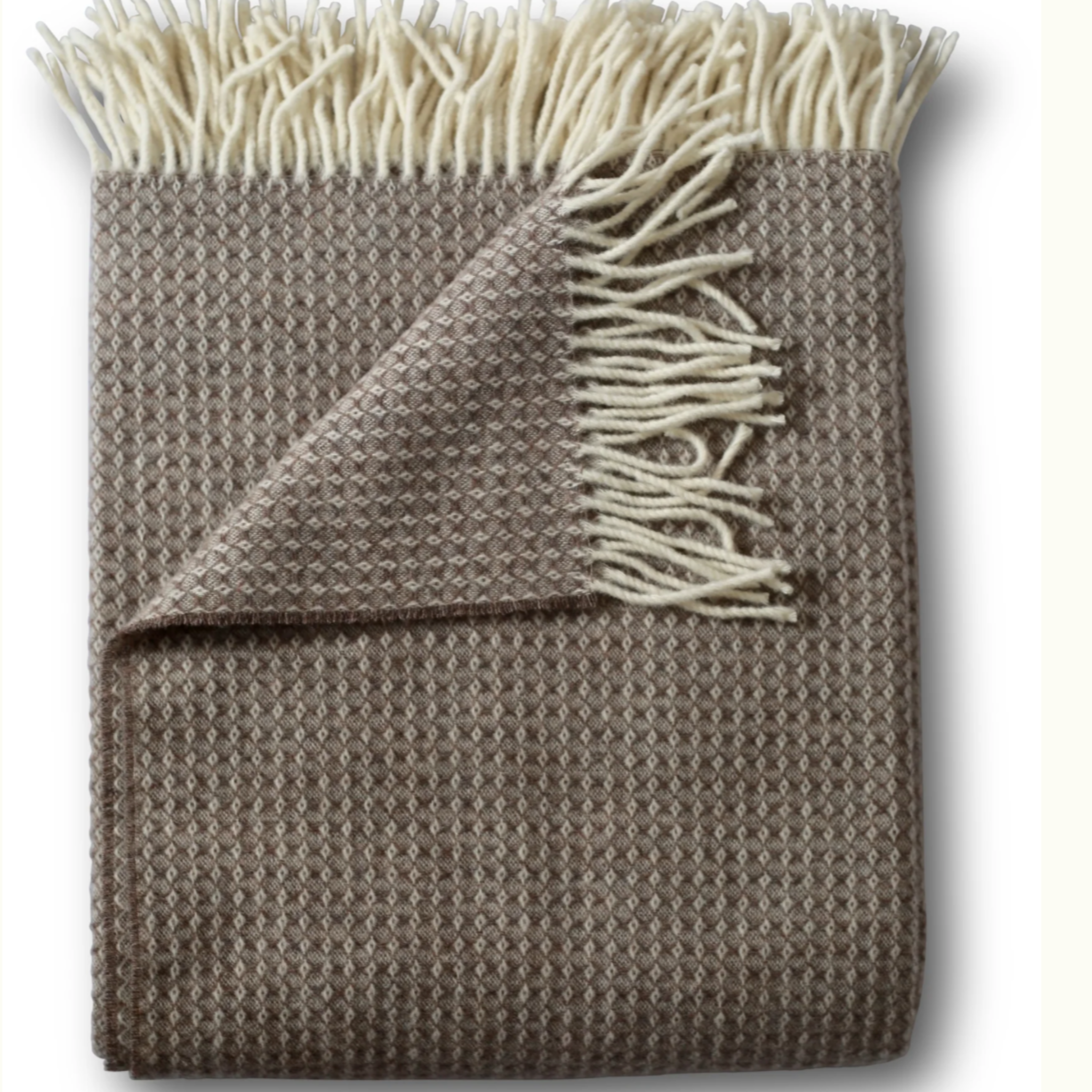 Mushroom-colored throw with subtle diamond pattern, made of 90% Merino wool and 10% cashmere, size 54 by 72 inches, woven in Italy.