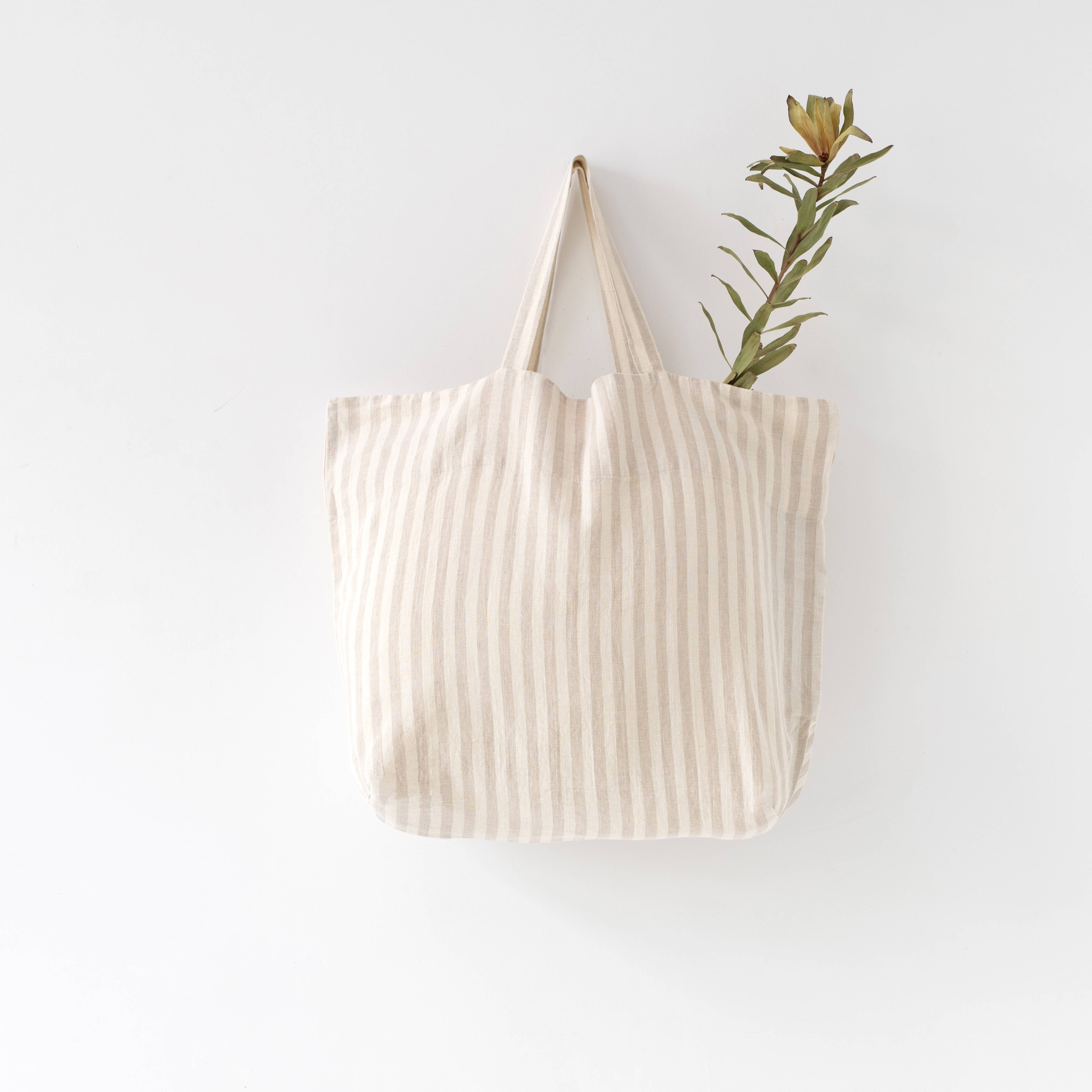 natural white striped linen tote bag, large, linen tales.
