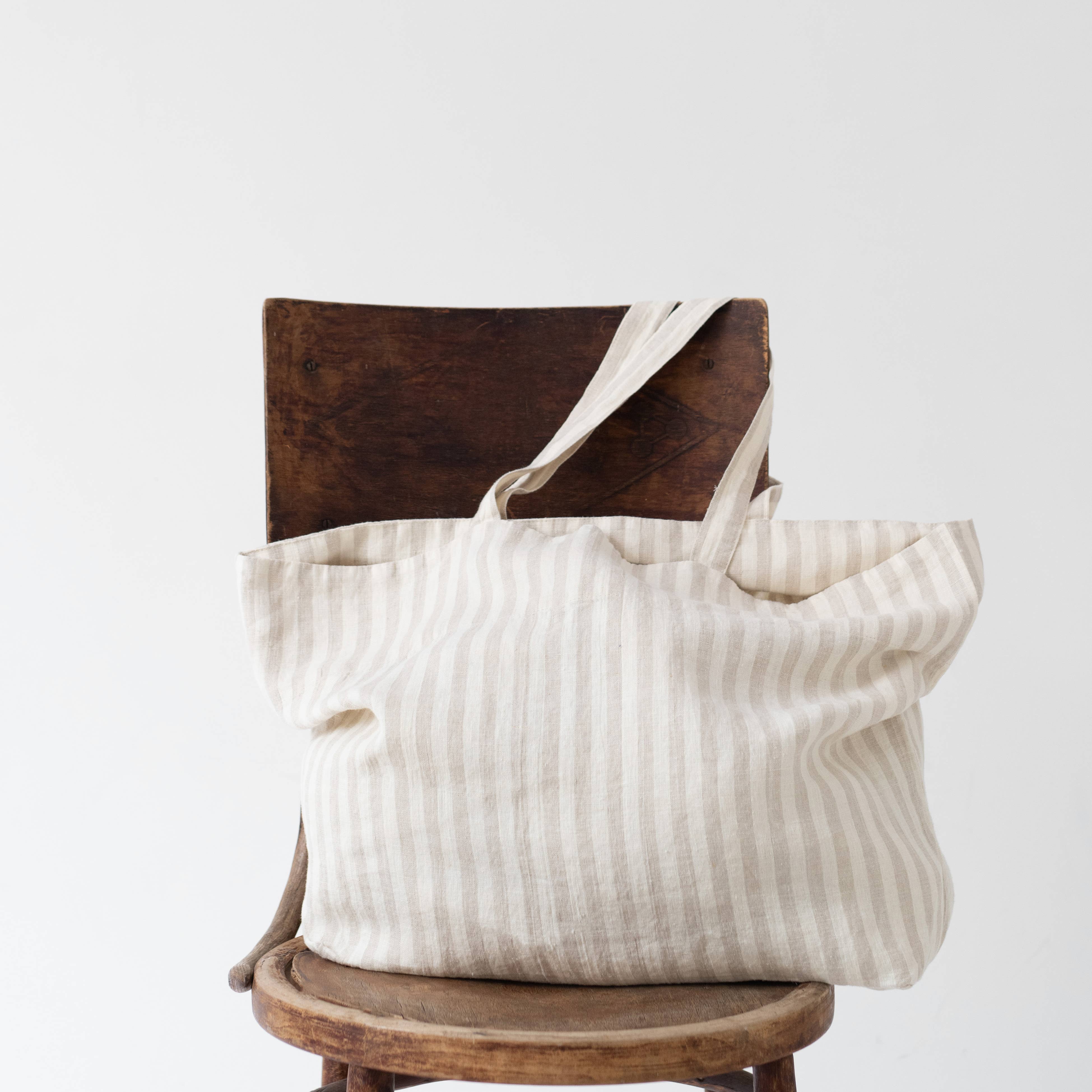 natural white striped linen tote bag, large, linen tales.
