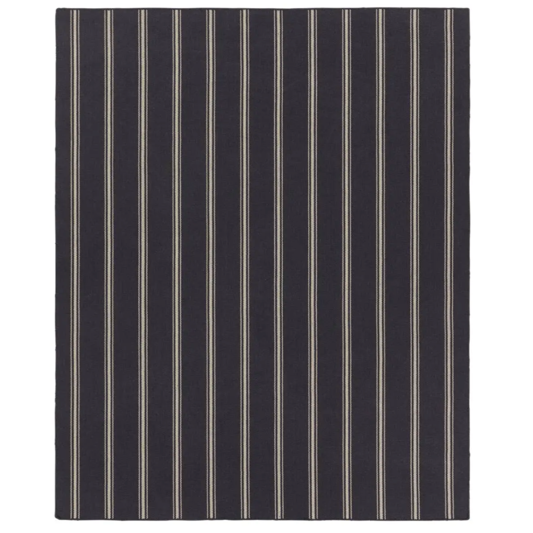 Navy stripe rug with handwoven flatwoven PET yarns, featuring thin and thick navy and ivory stripes, low 1/3" pile, durable polypropylene backing.