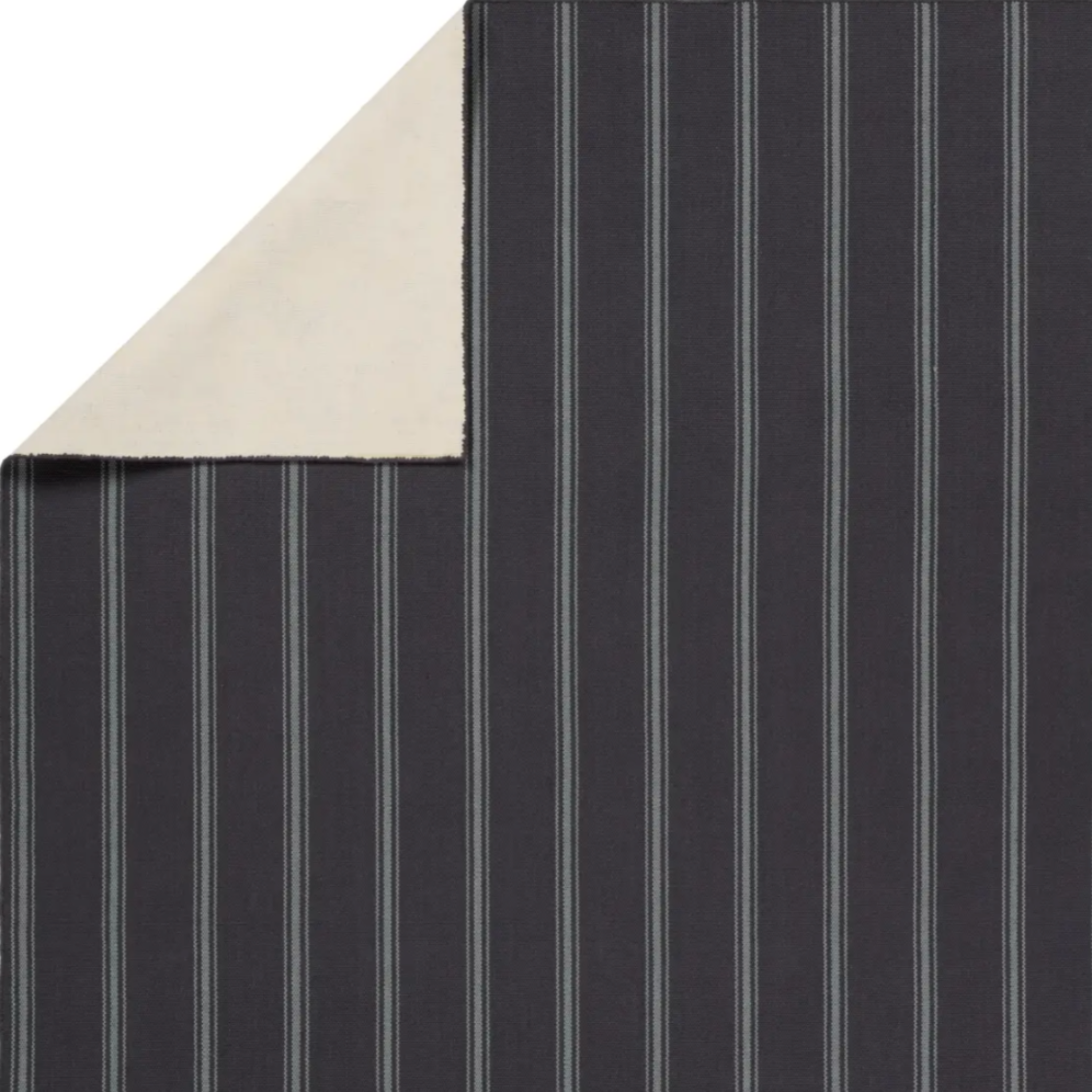 Navy with blue gray stripe rug, handwoven flatwoven PET yarns, featuring thin and thick stripes in navy and light blue, low 1/3" pile.