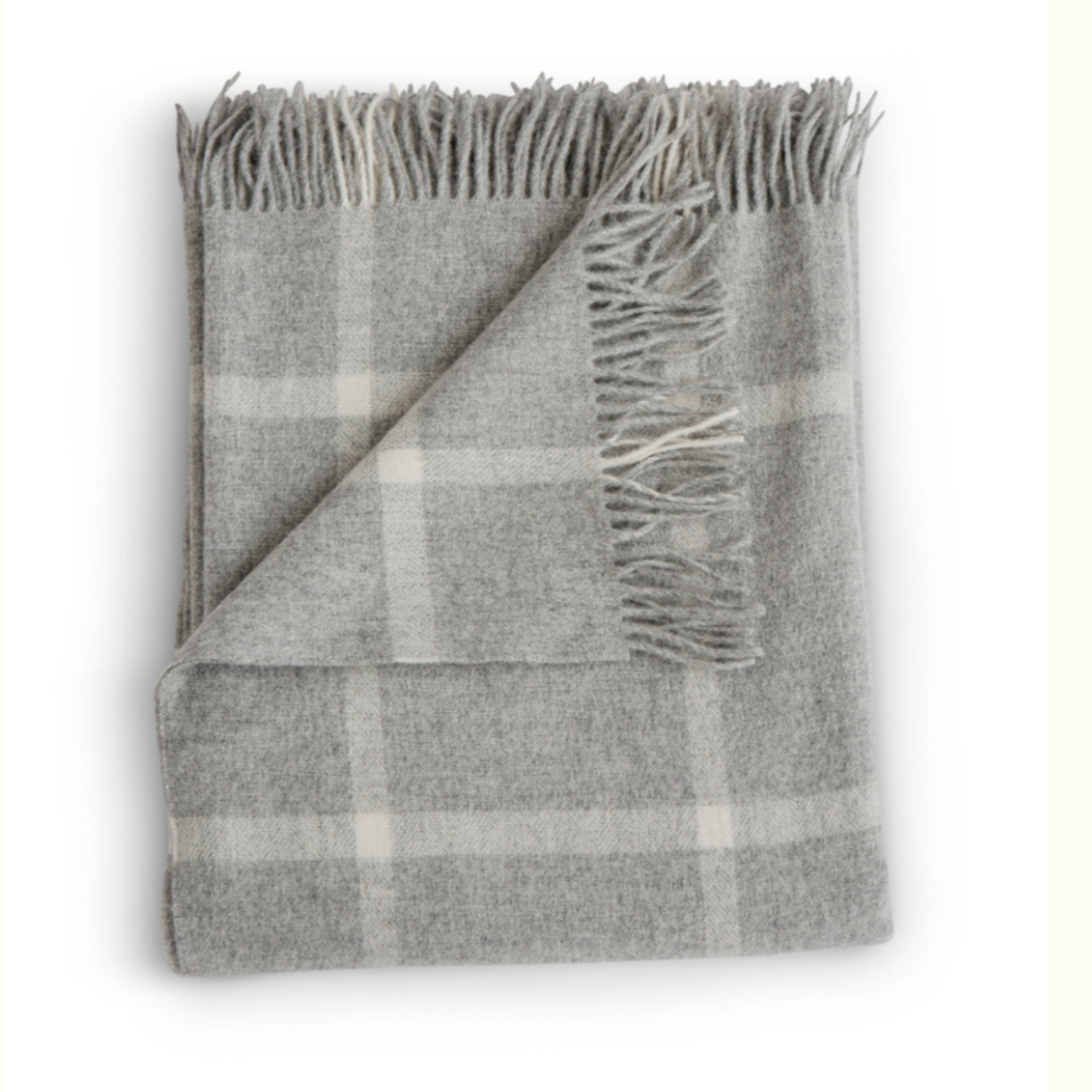 100% Merino lambswool throw with classic windowpane pattern in neutral tones, size 54 by 72 inches.