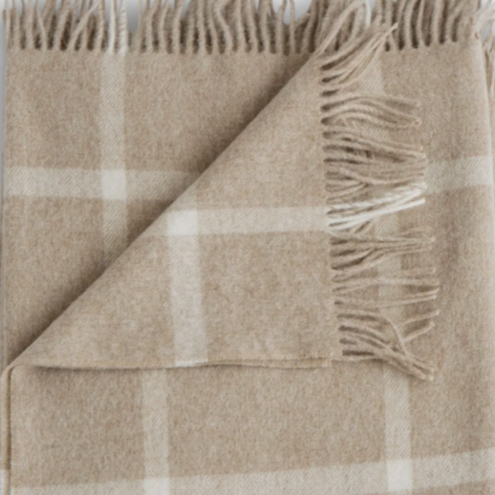 Oatmeal-colored 100% Merino lambswool throw with classic windowpane pattern, size 54 by 72 inches.
