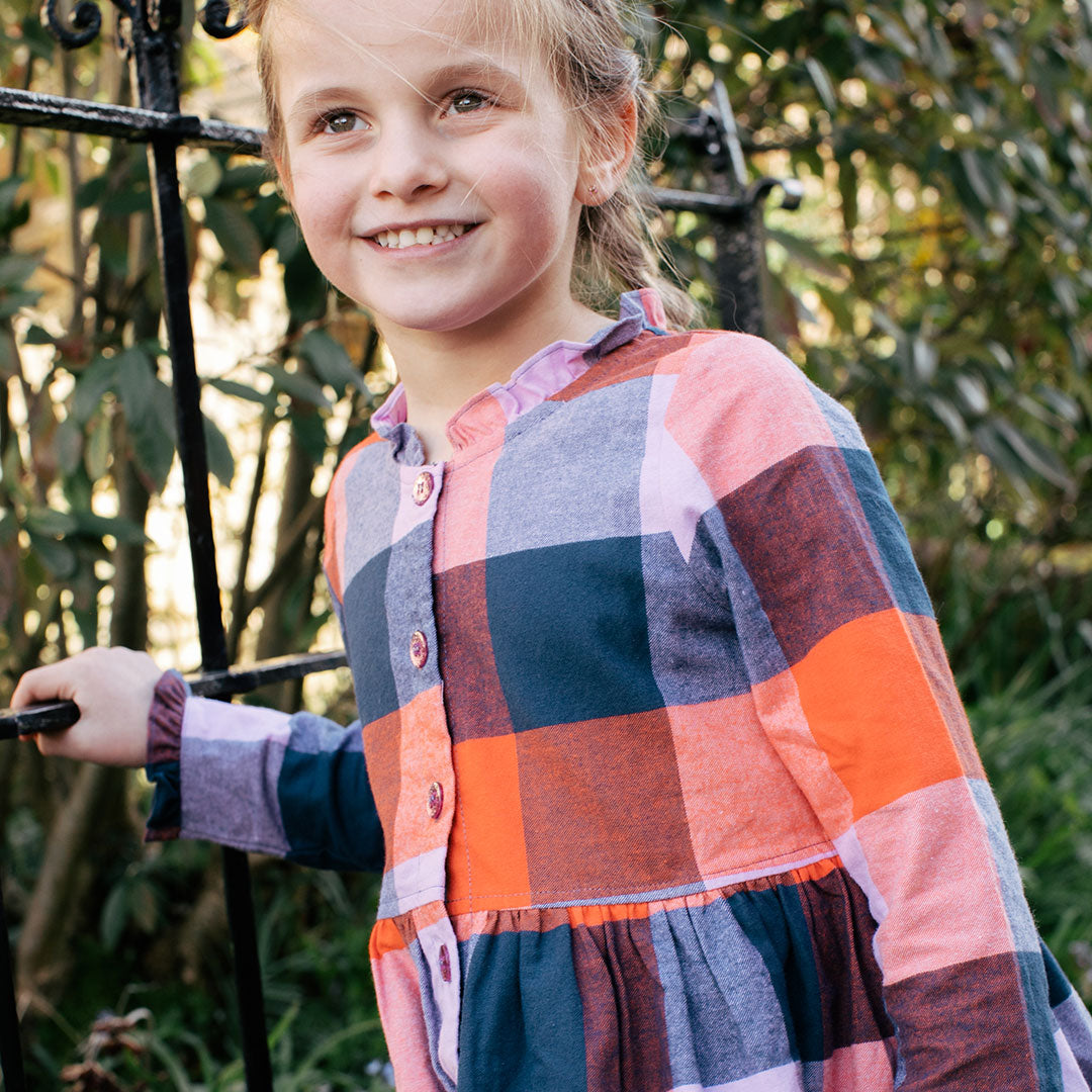 Pink Chicken Girls Check Dress in Navy and Orange - Shoppe Details and Design.