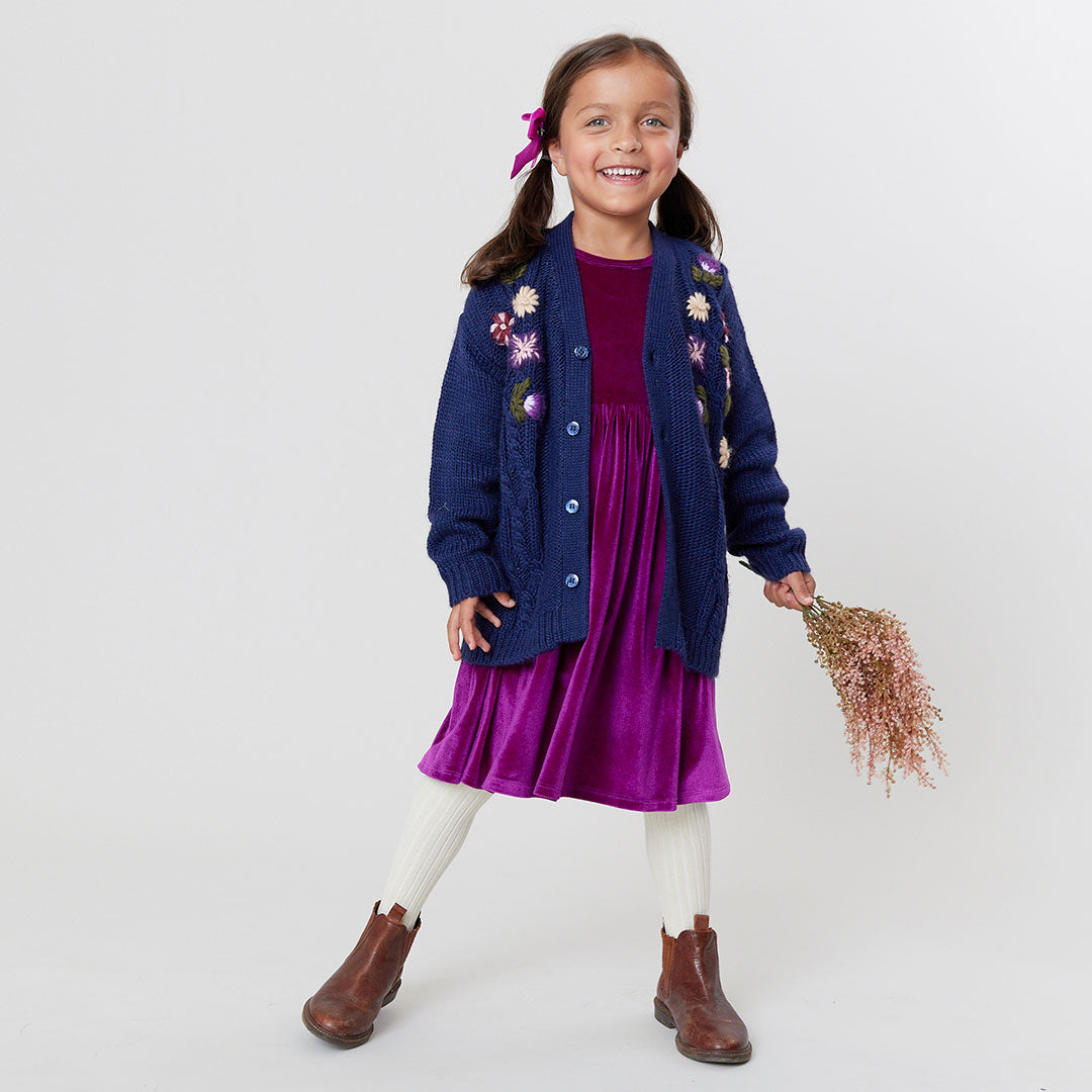 Pink Chicken Girls Grandpa Sweater in Navy Floral Embroidery - Shoppe Details and Design.