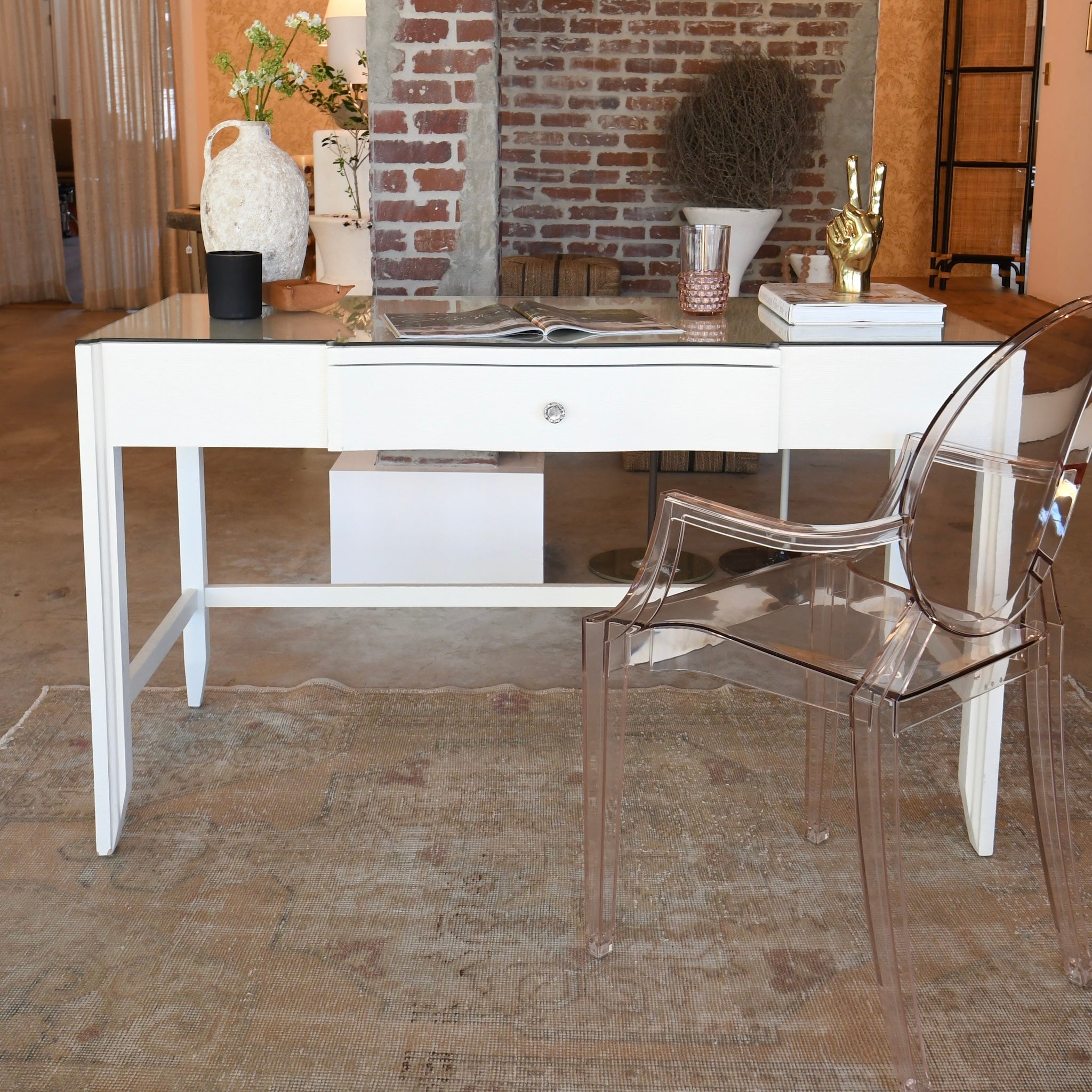 white essery desk in textured faux raffia.