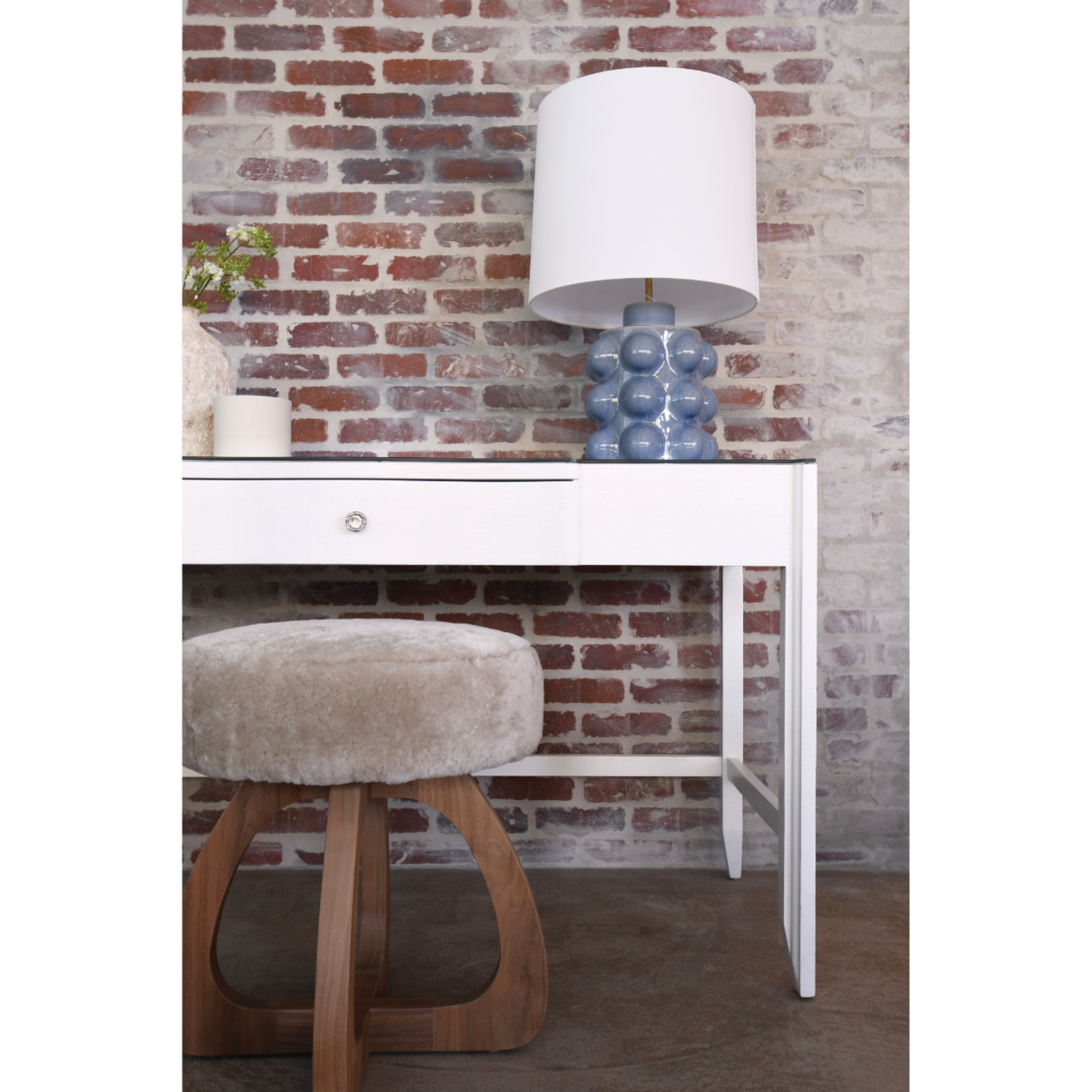white essery desk in textured faux raffia.
