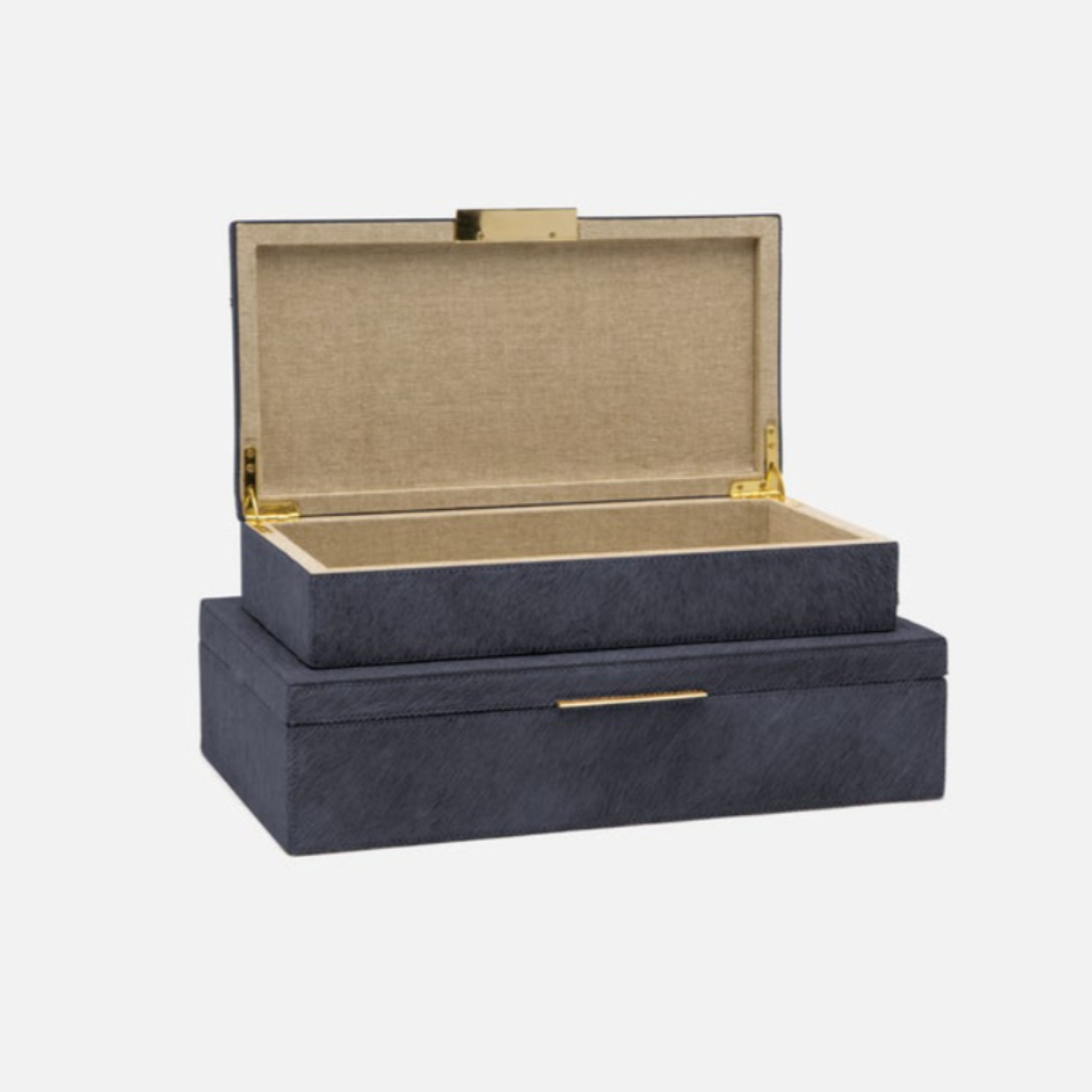 Ralston display box set of two, crafted in rich midnight hair-on-hide with brass-lipped handles; one small and one large decorative storage box.