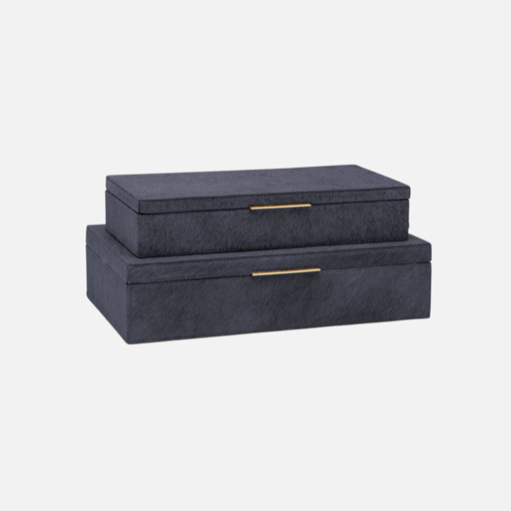 Ralston display box set of two, crafted in rich midnight hair-on-hide with brass-lipped handles; one small and one large decorative storage box.