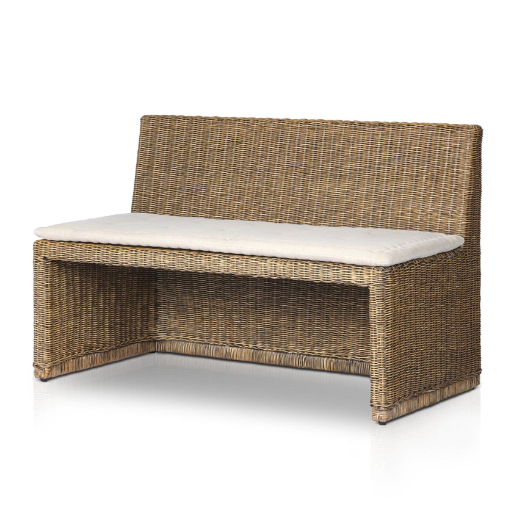 chair and a half with natural woven brown rattan frame and flax/linen cushion in Broadway Dune, 38.5 inches wide.