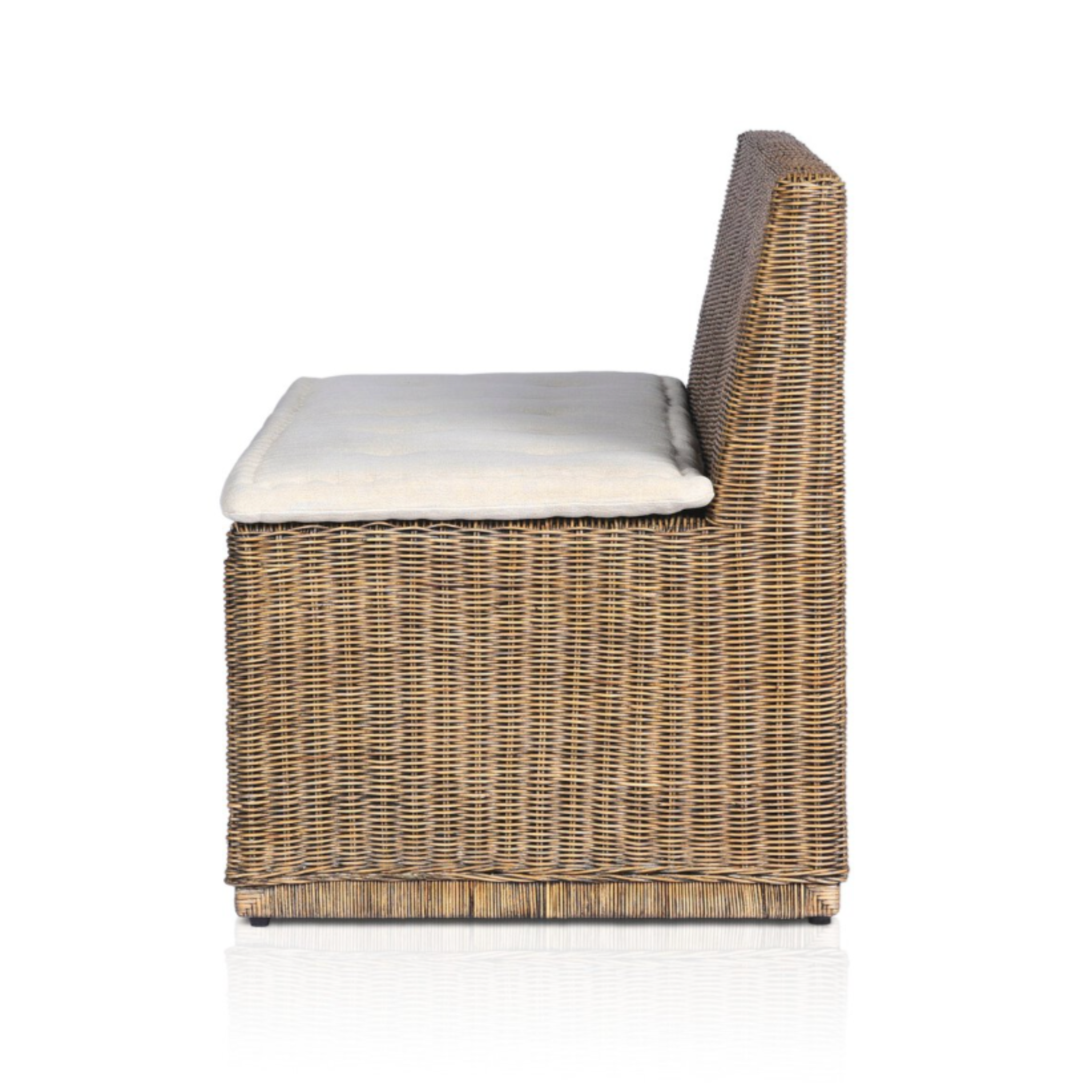 chair and a half with natural woven brown rattan frame and flax/linen cushion in Broadway Dune, 38.5 inches wide.