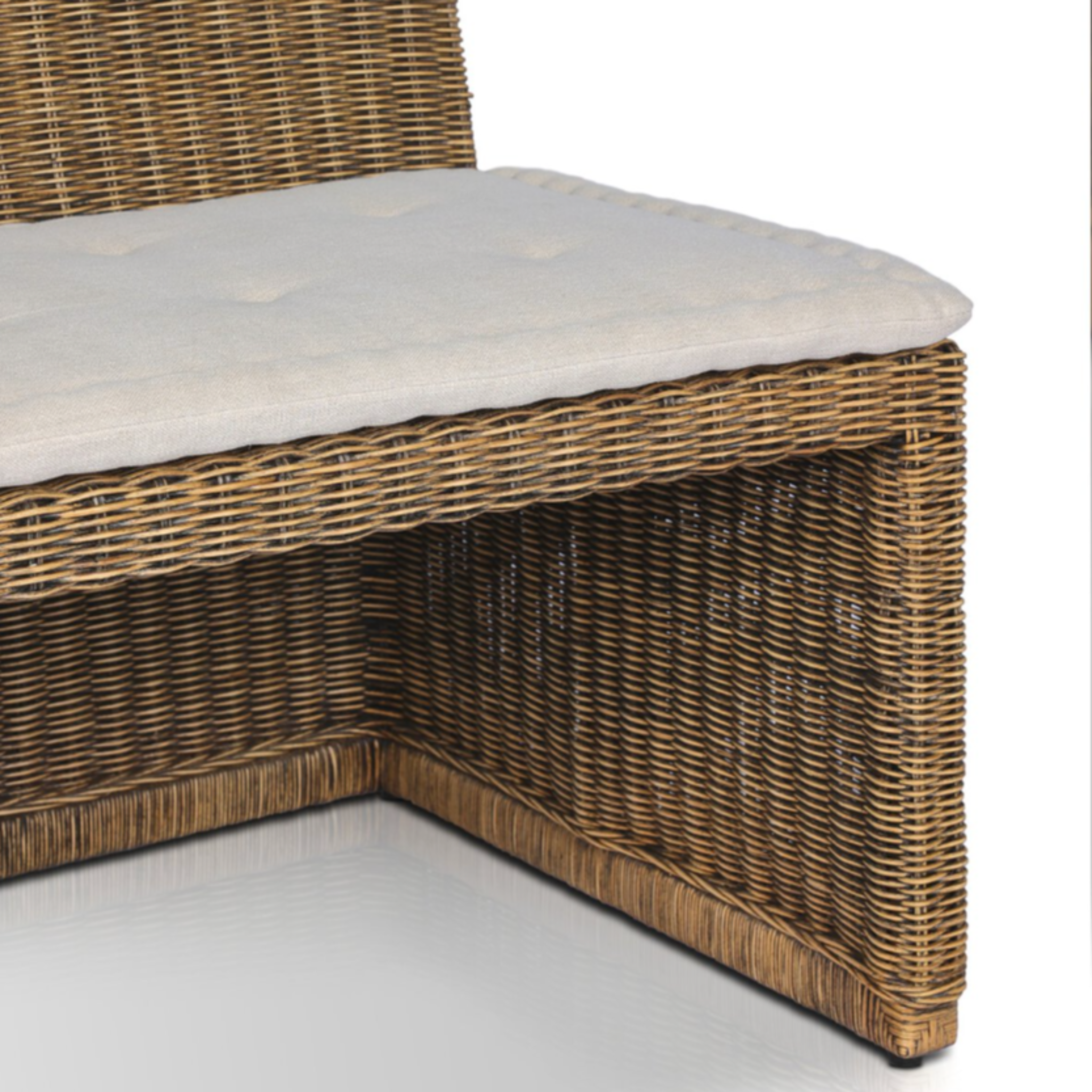 chair and a half with natural woven brown rattan frame and flax/linen cushion in Broadway Dune, 38.5 inches wide.