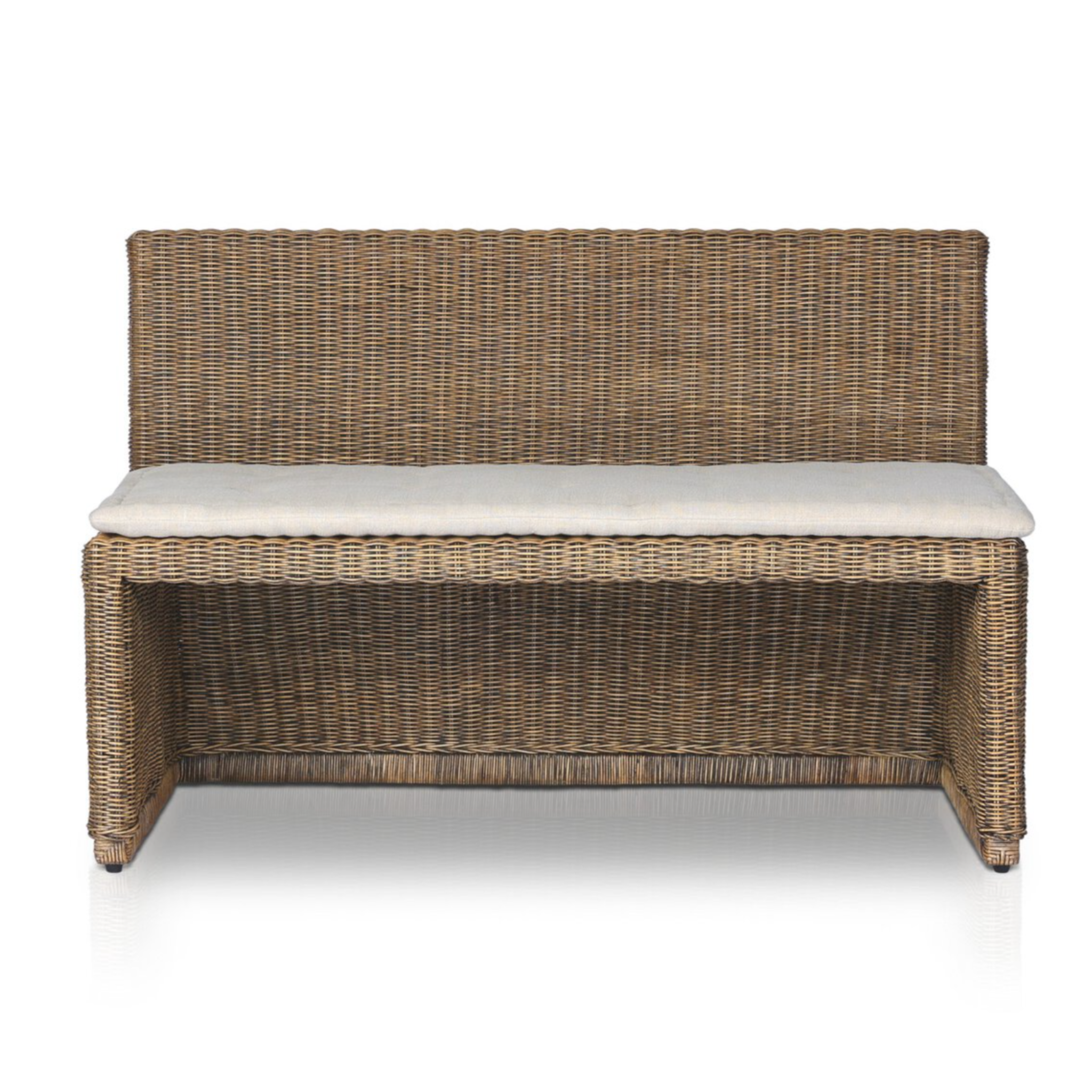 chair and a half with natural woven brown rattan frame and flax/linen cushion in Broadway Dune, 38.5 inches wide.