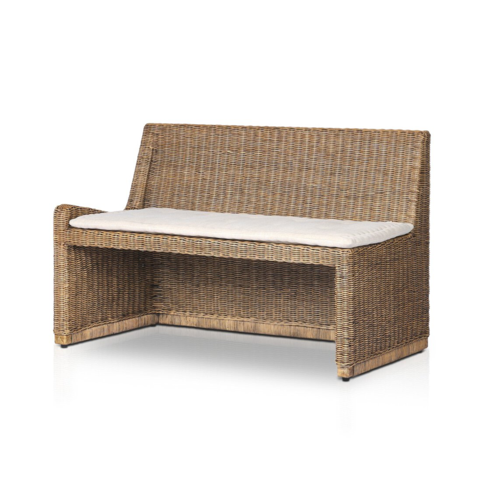 Left arm facing small dining bench with natural woven brown rattan frame and flax/linen cushion in Broadway Dune, 49 inches wide.