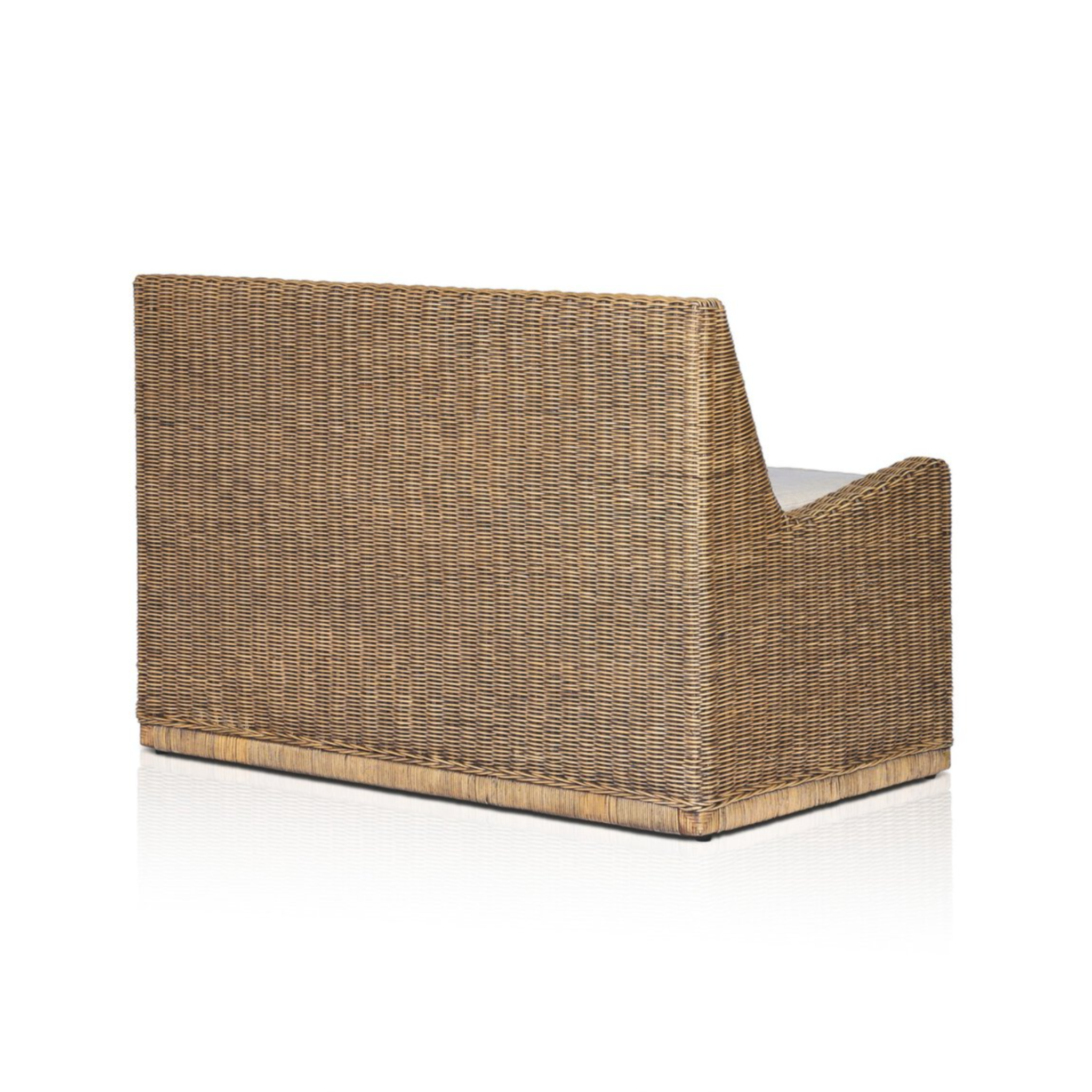 Left arm facing small dining bench with natural woven brown rattan frame and flax/linen cushion in Broadway Dune, 49 inches wide.