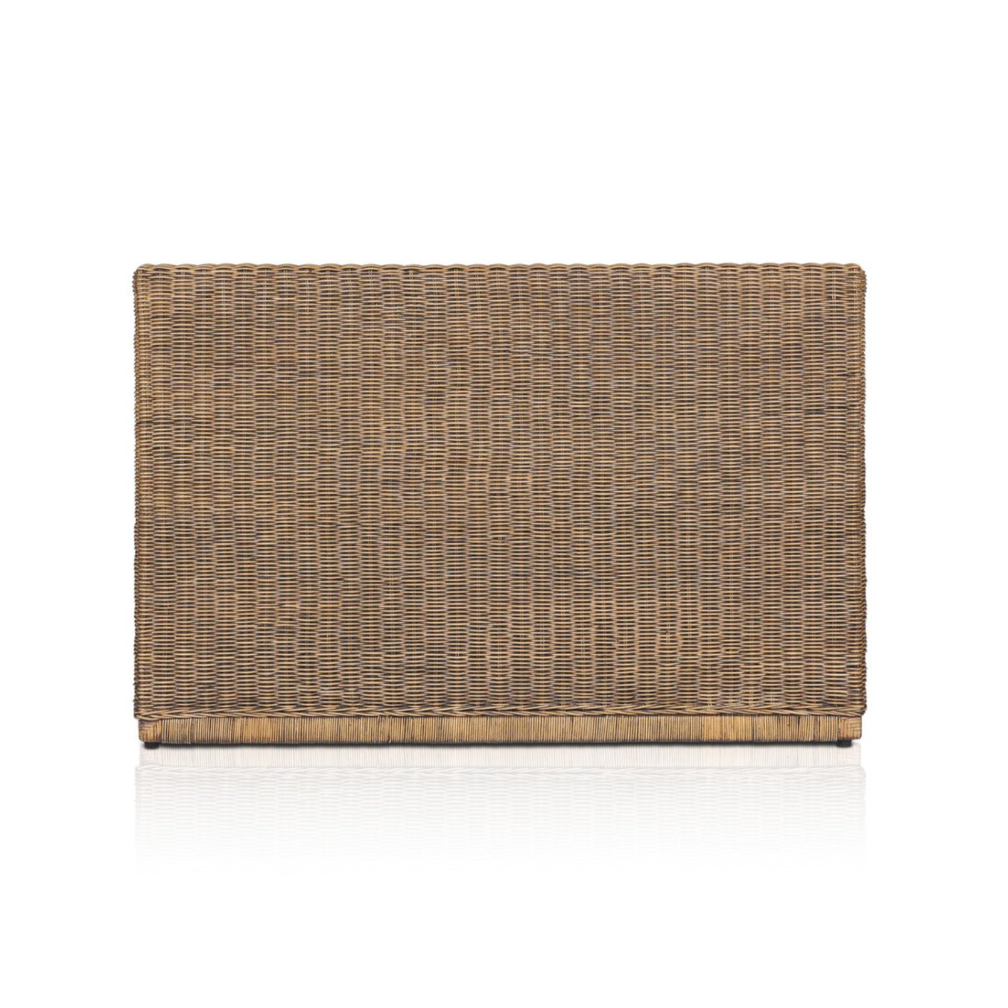 Left arm facing small dining bench with natural woven brown rattan frame and flax/linen cushion in Broadway Dune, 49 inches wide.