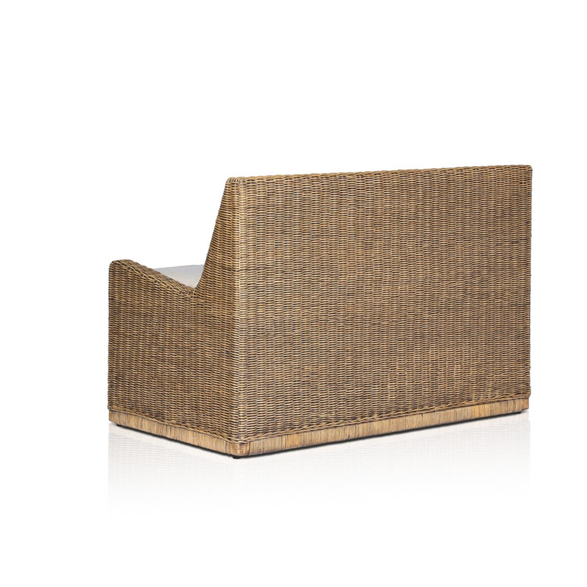 Right arm facing small dining bench with woven natural brown rattan frame and flax/linen cushion in Broadway Dune, 49 inches wide, ideal for casual seating.