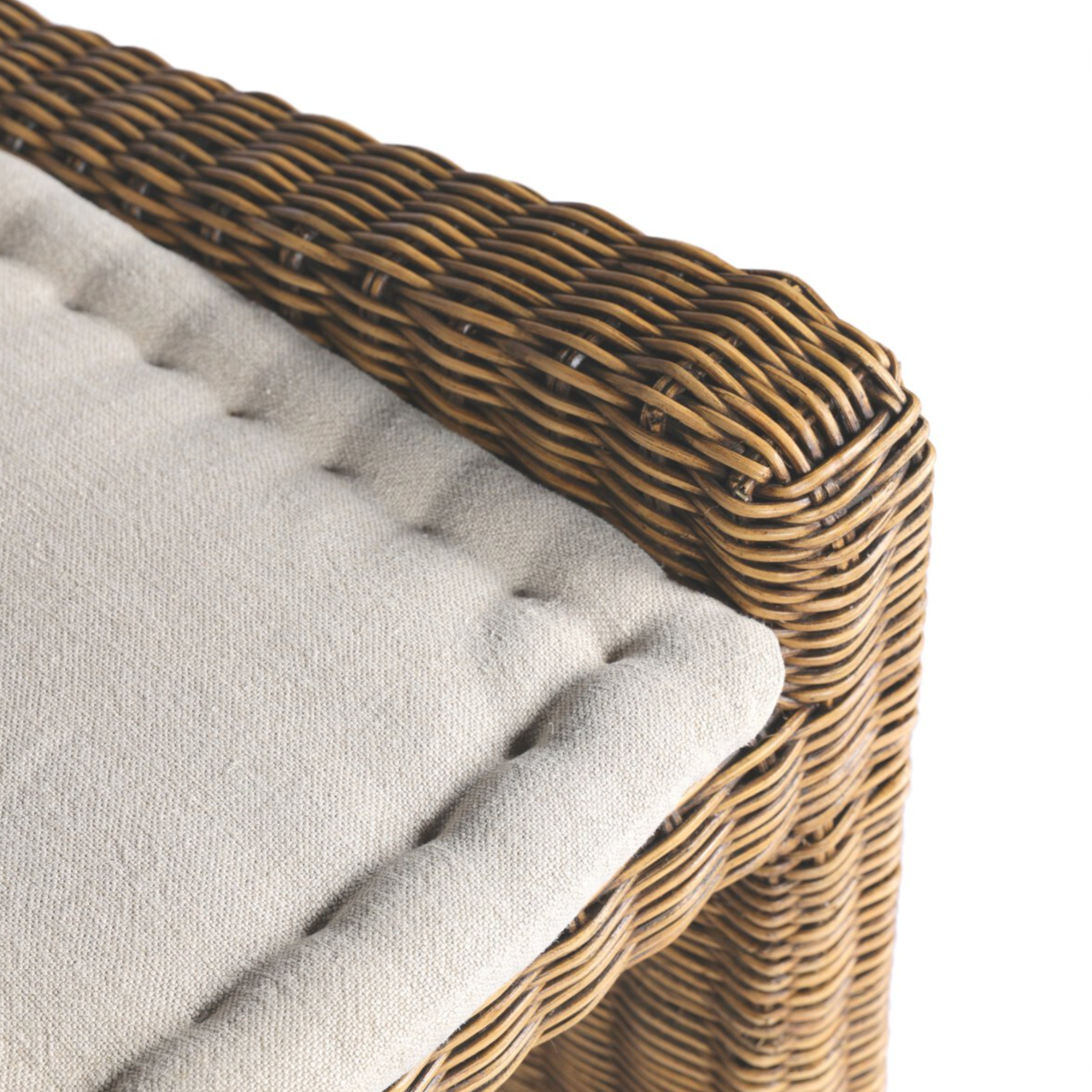 Right arm facing small dining bench with woven natural brown rattan frame and flax/linen cushion in Broadway Dune, 49 inches wide, ideal for casual seating.