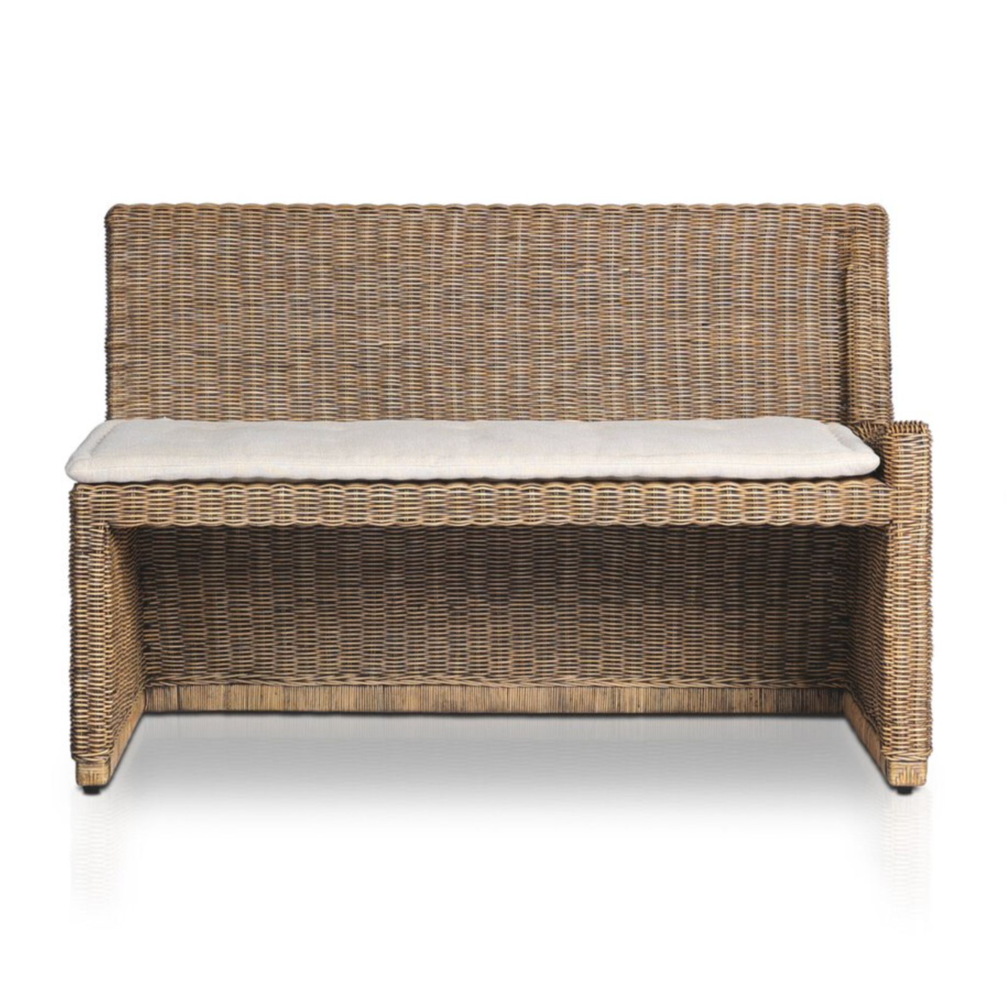 Right arm facing small dining bench with woven natural brown rattan frame and flax/linen cushion in Broadway Dune, 49 inches wide, ideal for casual seating.