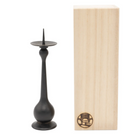 Handcrafted black-dyed brass Shizuku candle holder featuring a delicate water drop design, fits small candles approximately 5 inches high.