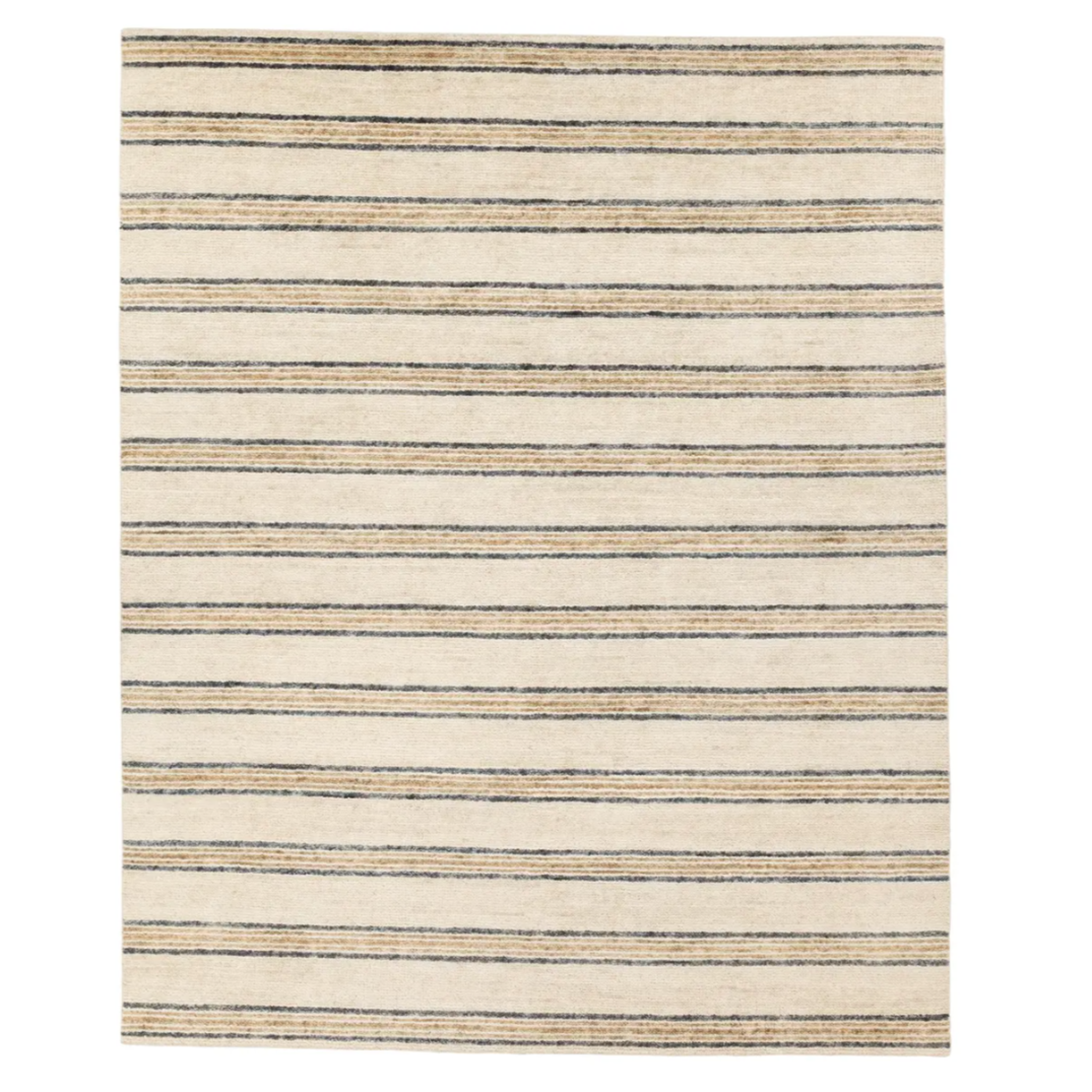 Tan and charcoal striped wool rug, hand-knotted with 1/4-inch pile, made from 100% Afghan wool, durable for medium-traffic areas.