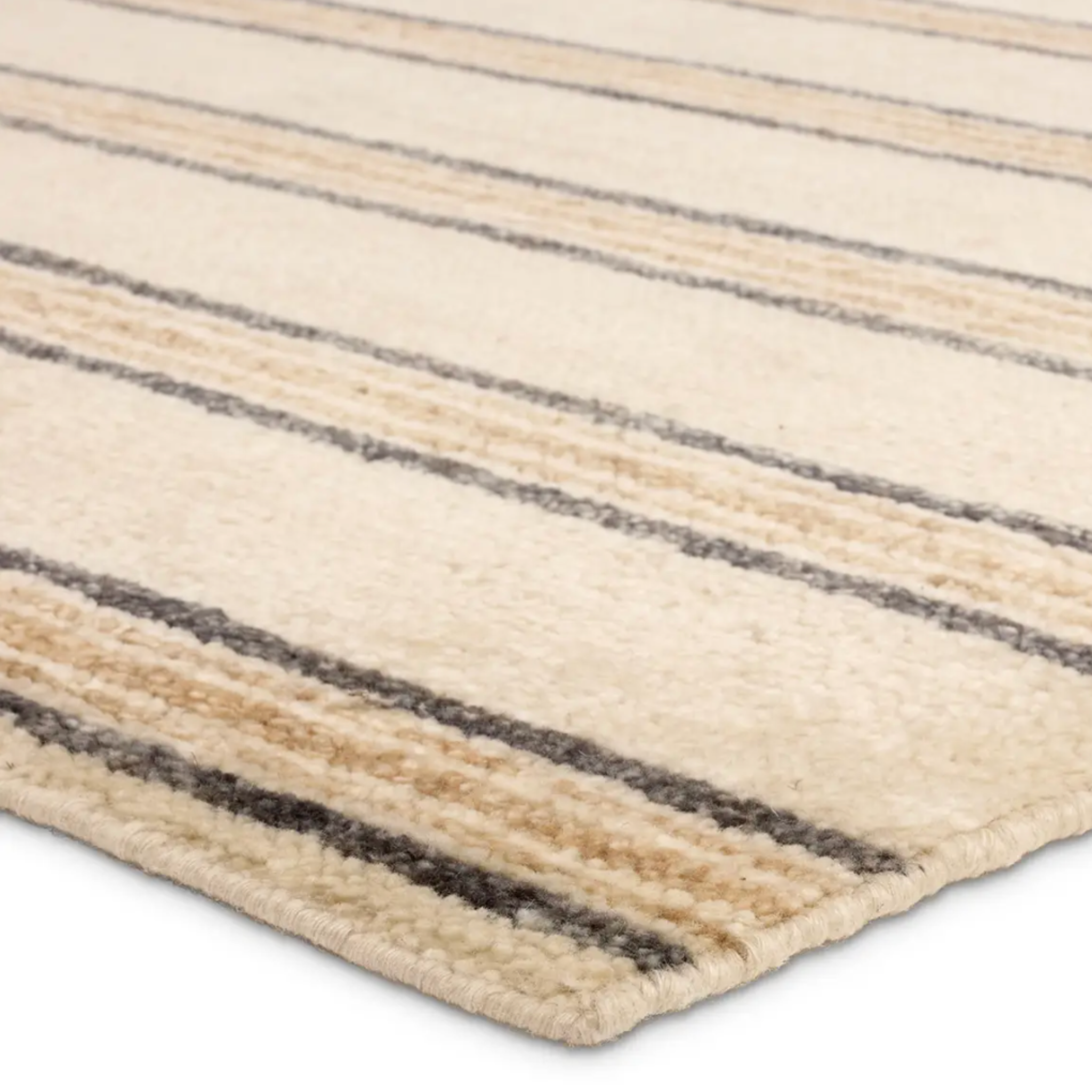 Tan and charcoal striped wool rug, hand-knotted with 1/4-inch pile, made from 100% Afghan wool, durable for medium-traffic areas.