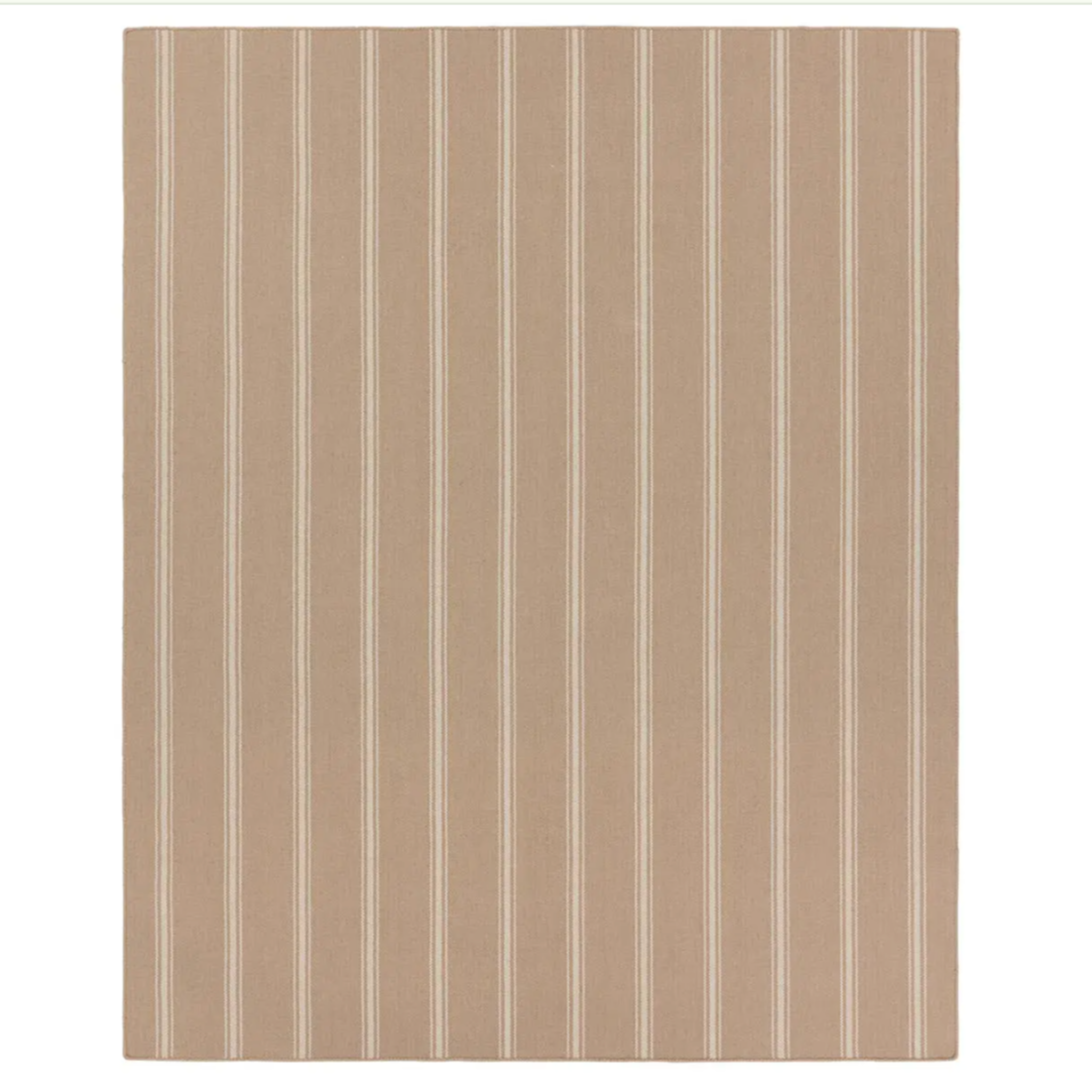 Tan stripe rug with flatwoven PET yarns, handwoven in India, featuring beige and ivory thin and thick stripes, low 1/3" pile.