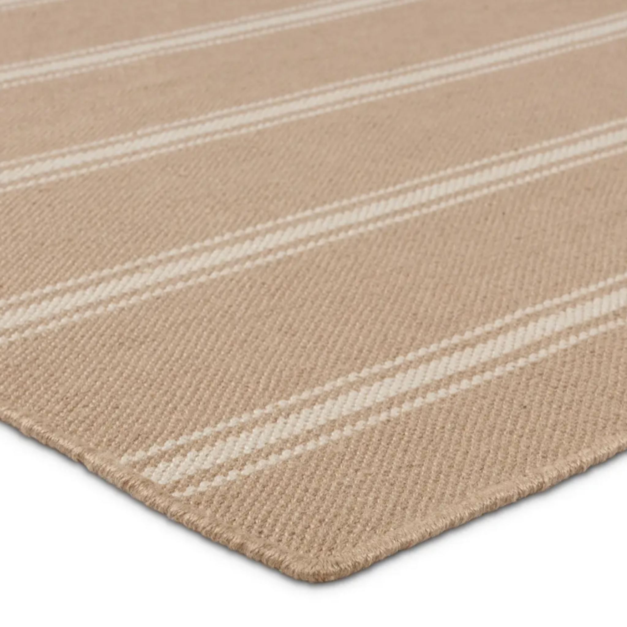 Tan stripe rug with flatwoven PET yarns, handwoven in India, featuring beige and ivory thin and thick stripes, low 1/3" pile.