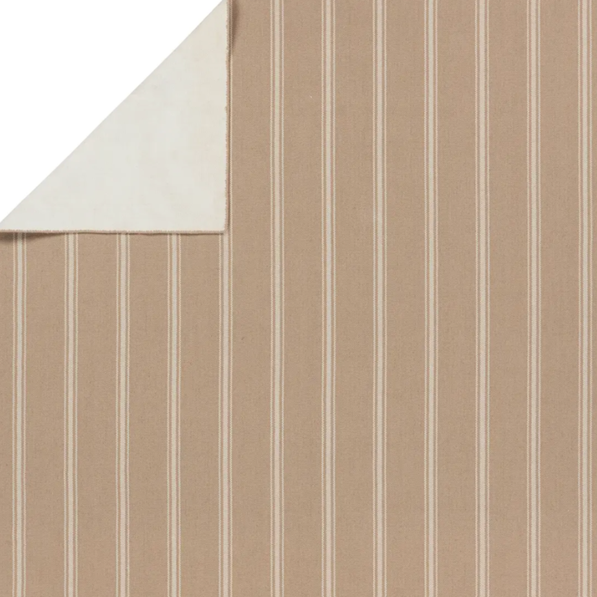 Tan stripe rug with flatwoven PET yarns, handwoven in India, featuring beige and ivory thin and thick stripes, low 1/3" pile.